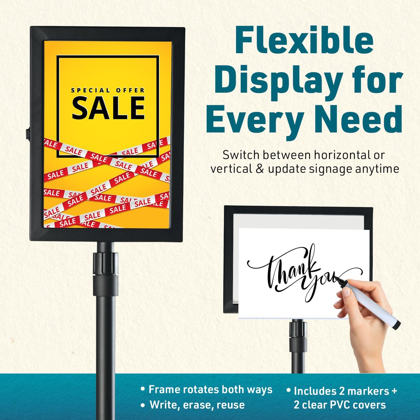 1 PACK Double-Sided Adjustable Heavy Duty Pedestal Sign Holder Stand for Display - Indoor/Outdoor Floor Sign Stand with Base 8.5x11 inches (Horizontal and Vertical Orientation) - includes dry erase marker