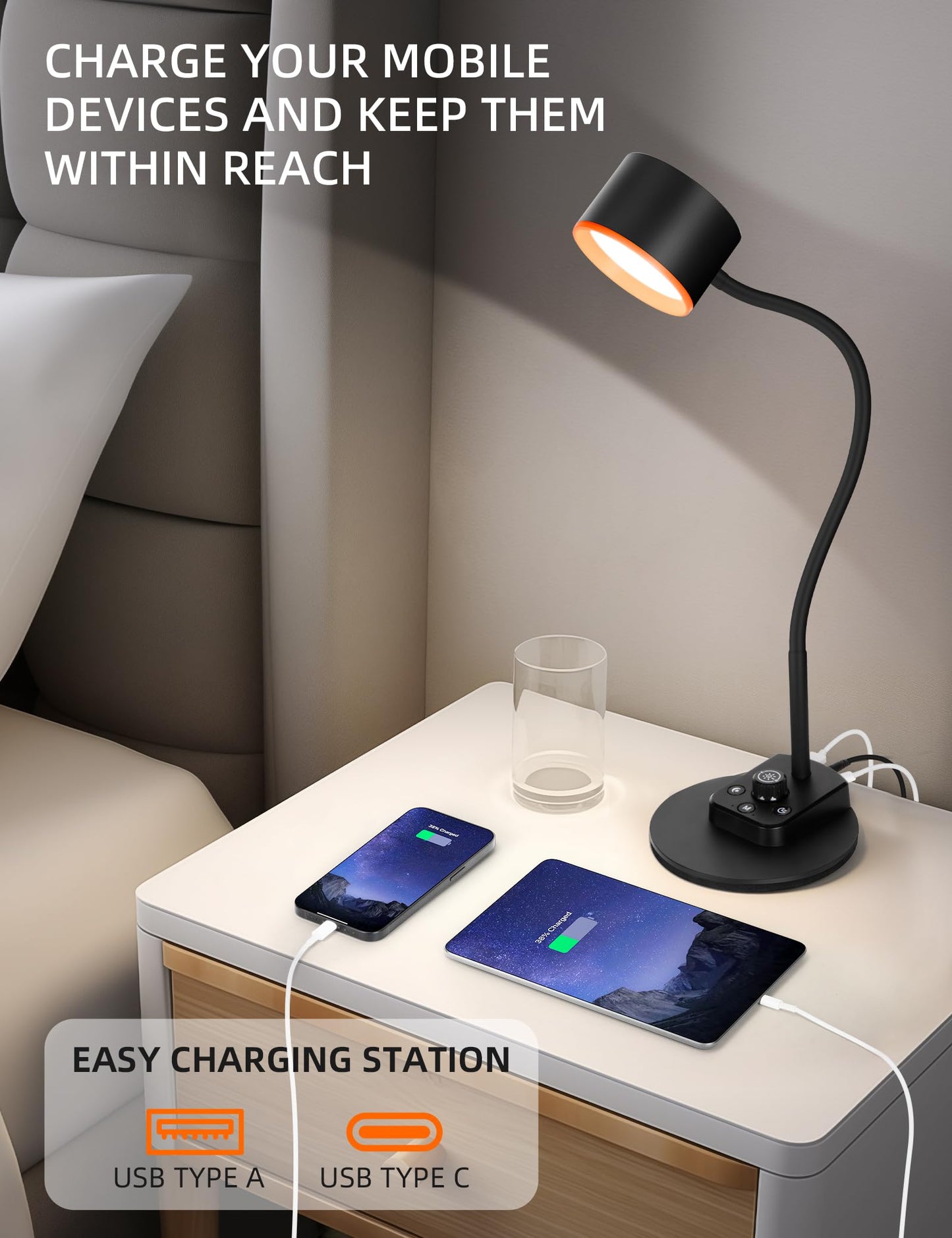 LiFMIRA Desk Lamp, LED Desk Lamp with USB C + A Charging Ports, 5 Colors Fully Dimmable Eye Care Reading Lamp for Bedside Table Full Metal Efficient Gooseneck Table Lamp for Home Office Black