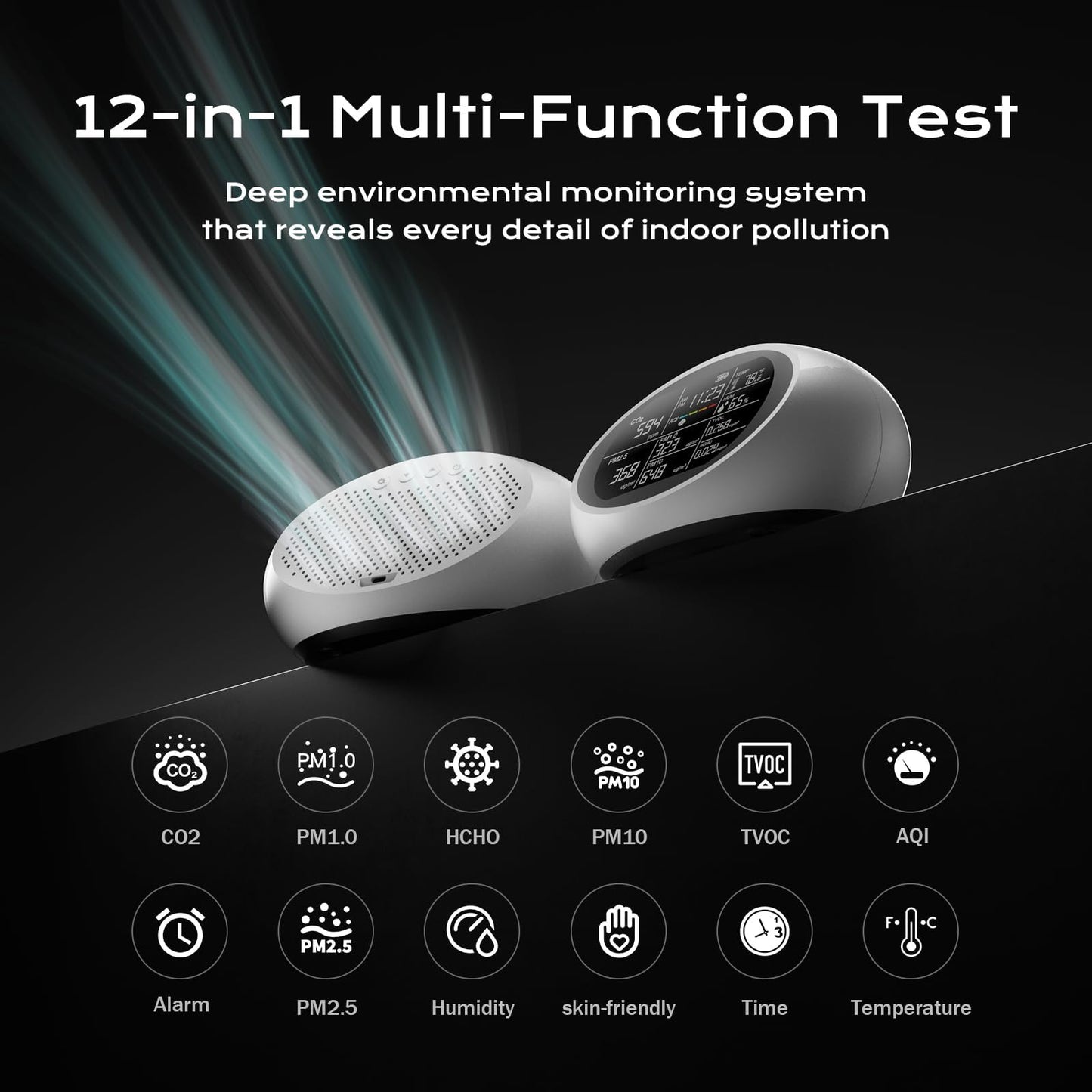 12-in-1 Air Quality Monitor Indoor, Portable Air Quality Monitor, for CO2, PM1.0, PM2.5, HCHO, TVOC and Others, Air Quality Tester for Home, Hotel, Office, Car, Battery Powered Air Monitor (White)