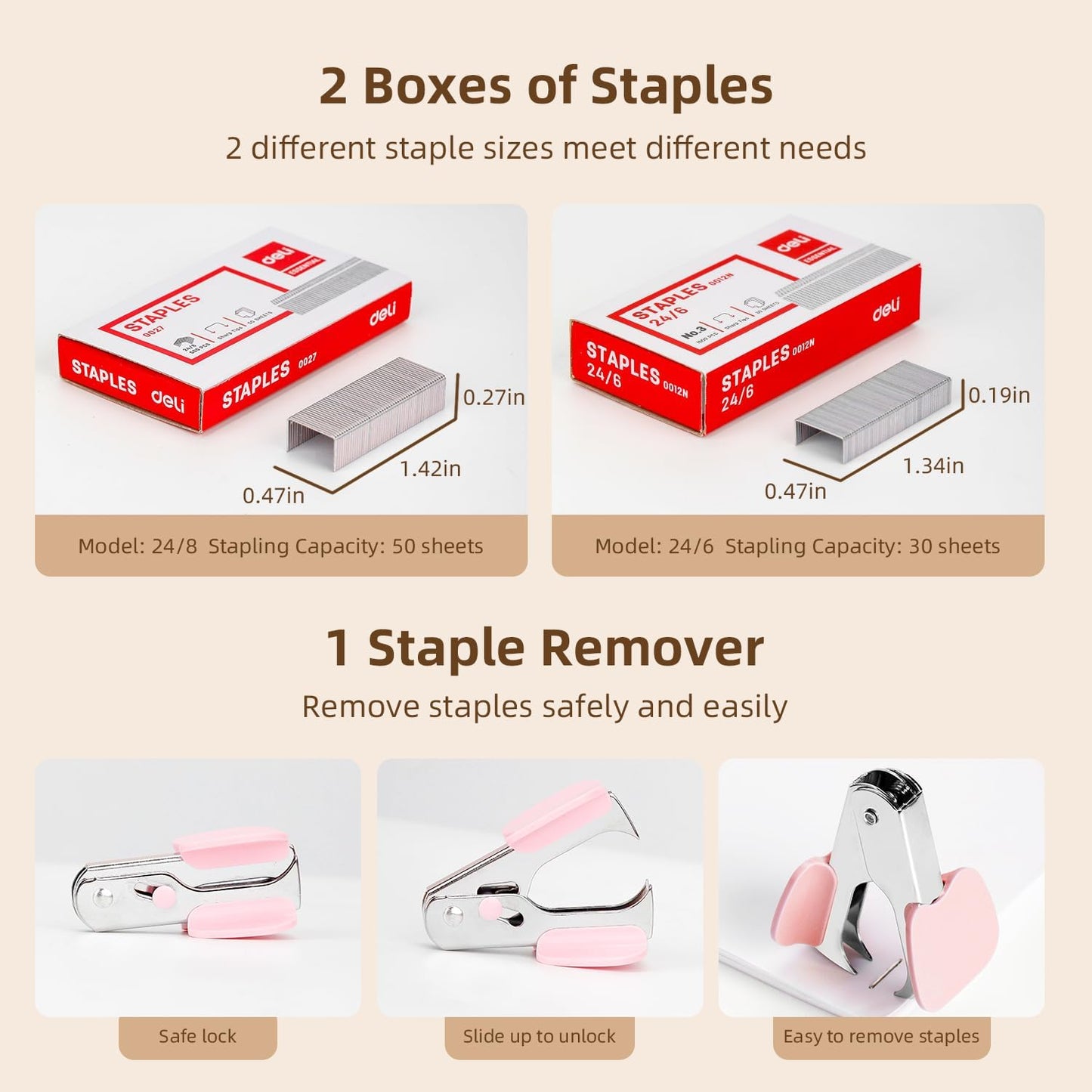 Deli Stapler, Effortless Staplers for Desk, 40-50 Sheet Capacity Heavy Duty, One Touch, No Effort, Easy to Load, with 1500 Staples & Staple Remover, 6 Pack, 3 Colors