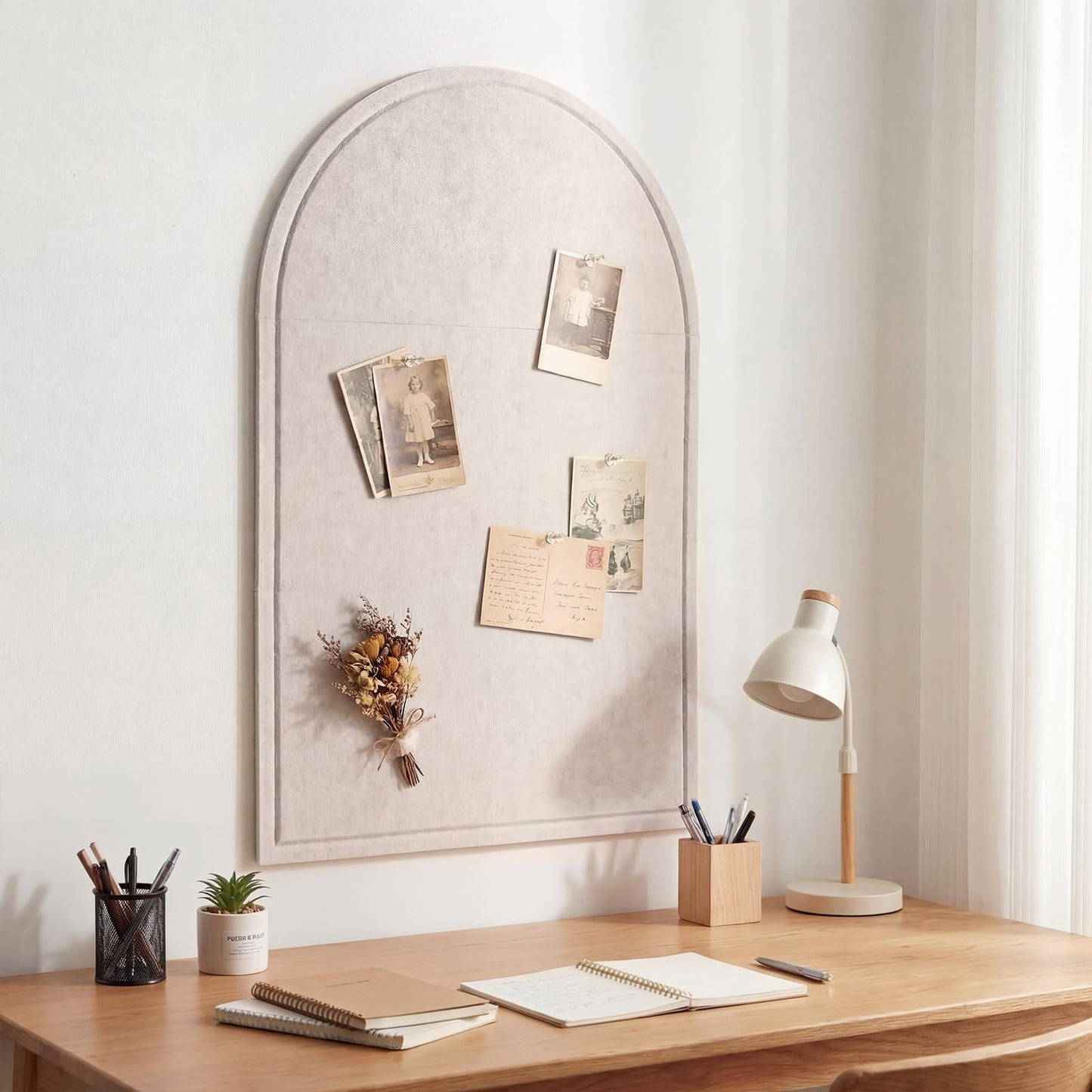 MotiMind Large Arched Felt Bulletin Board 35" x 24" Felt Pin Cork Board Alternative No-Drill Frameless Wall Tiles with 20 Gold Pins for Office Home Wall Decor Art Photo Display(Beige)