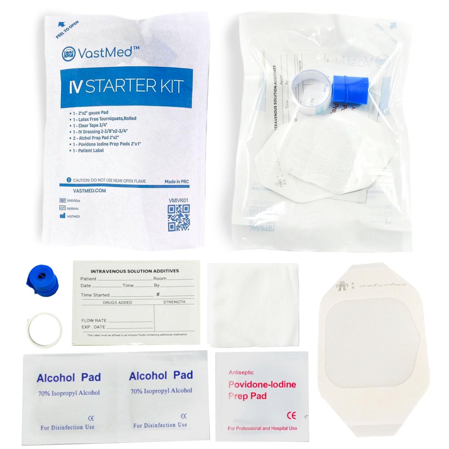 100 PCs IV Starter Kit with Gauze/Chlorascrub Swab LF by VASTMED | Posi-Guard Catheter Securement Device & Transparent Window Dressing | Latex-Free Tourniquets