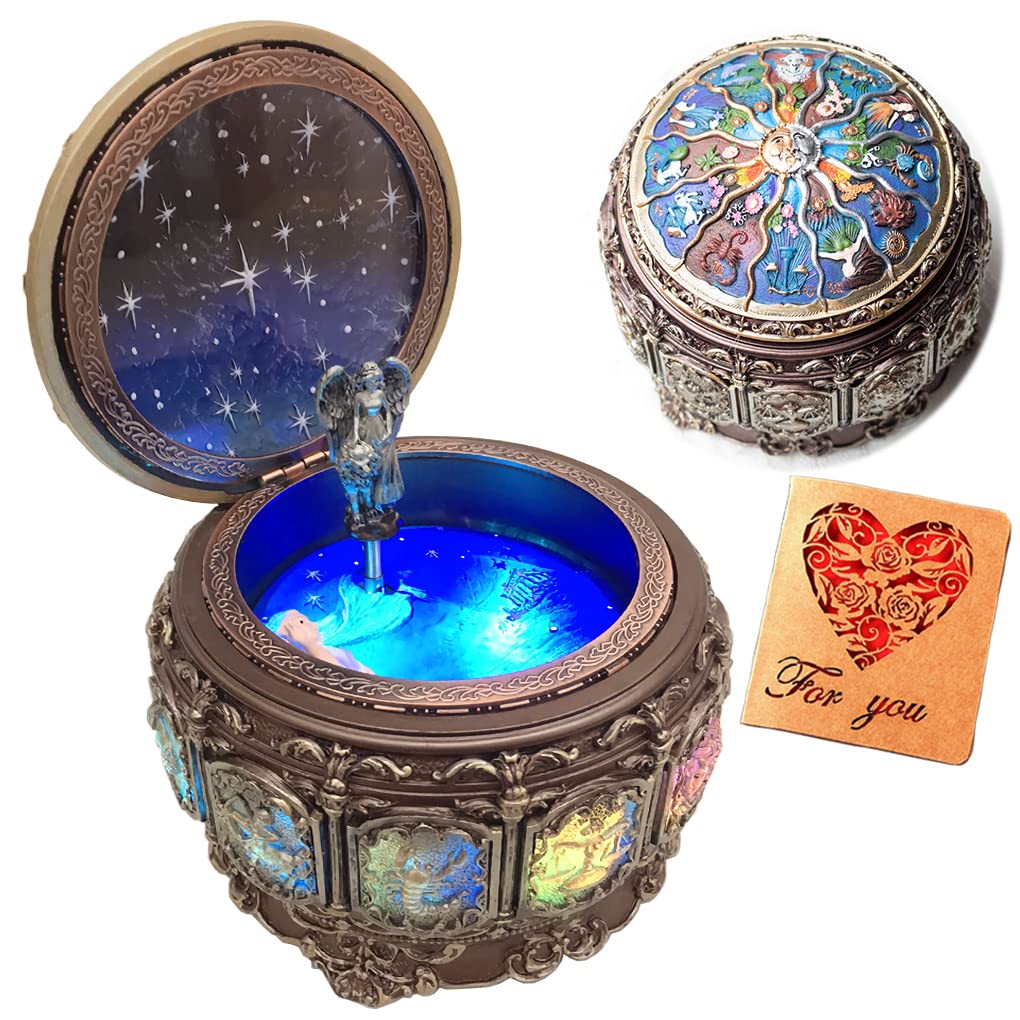 Briskfeel Vintage Music Box with Constellations Rotating Goddess LED Lights Twinkling Resin Carved Mechanism Musical Box with Sankyo 18-Note Wind Up Signs of The Zodiac Gift for Birthday (Upgraded)