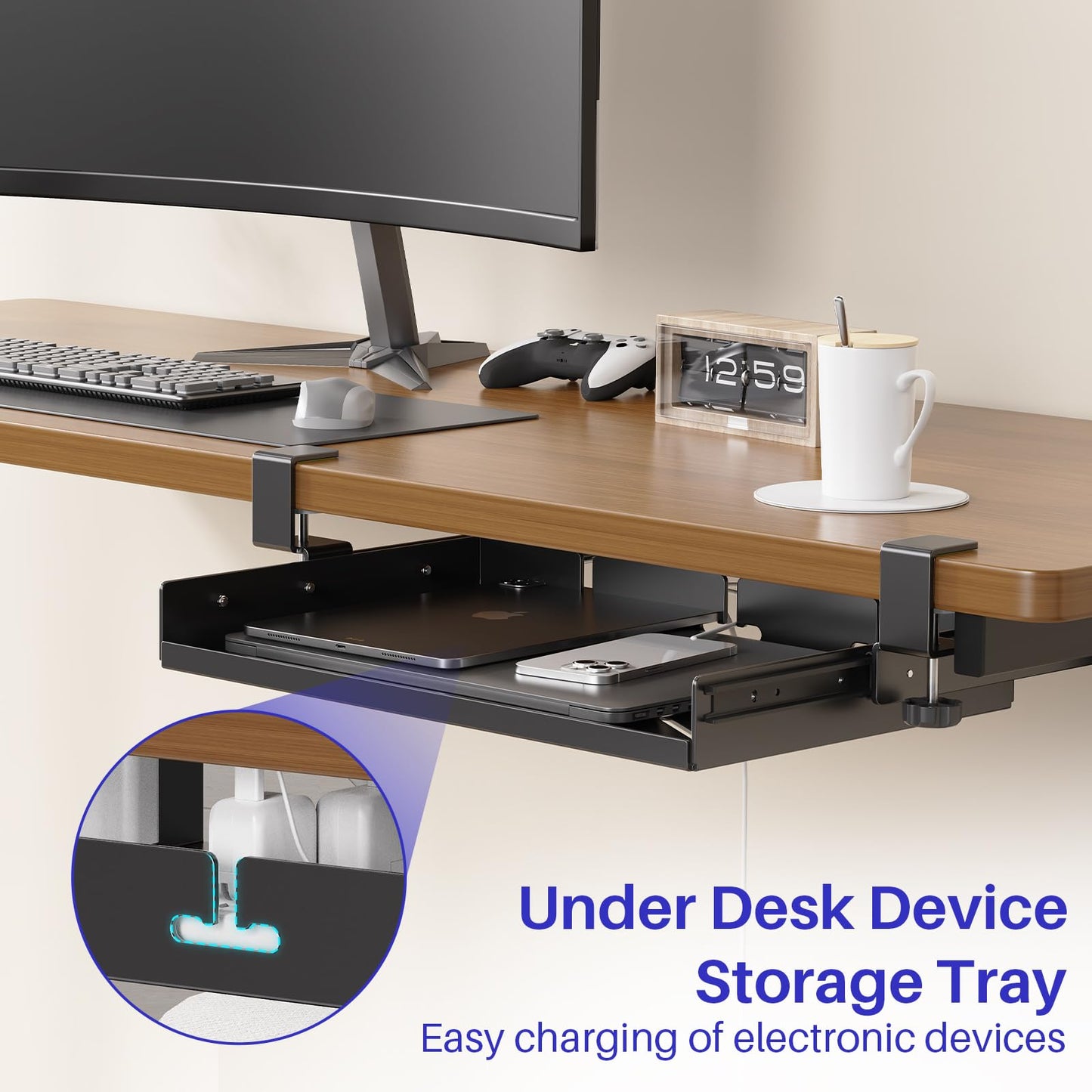 Sliding No Drill Under Desk Laptop Mount, Metal Under Desk Storage Shelf with Cable Management, Slide Out Laptop Storage Tray for MacBook, Mac Mini, Fits Office Workstations(Black with slid rail)