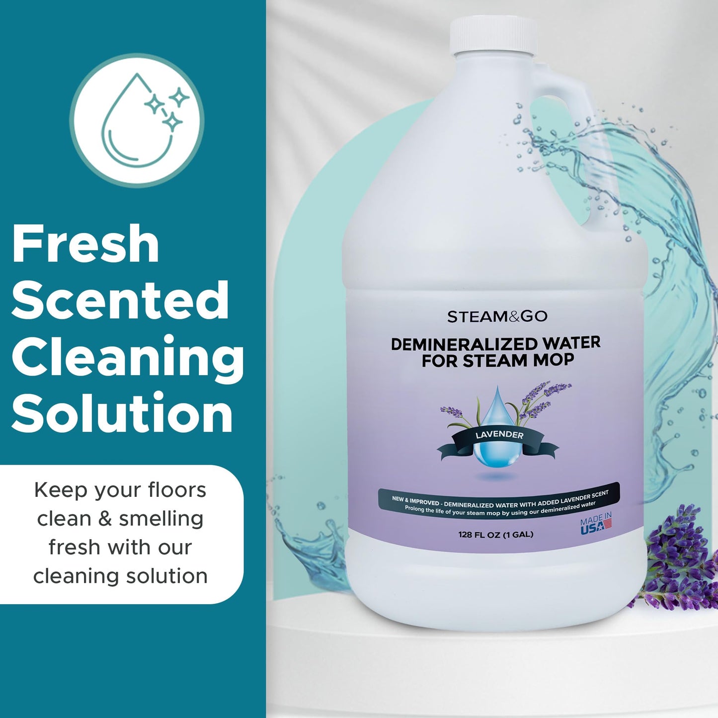 Steam & Go Demineralized Water for Steam Cleaner - PVC-Free Floor Cleaning Solution Compatible for All Steam Mops - Multi-Surface Cleaner for Home Surfaces - Lavender Scent, 128 Fl oz