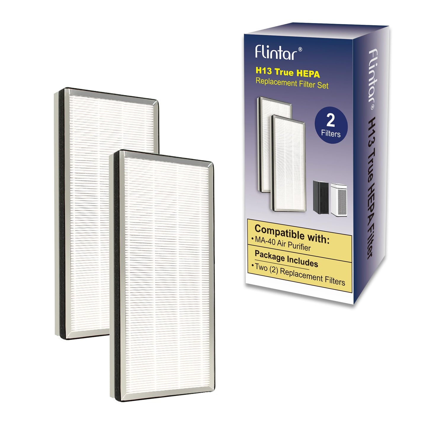 Flintar MA40 Replacement Filter, Compatible with MA-40 Air Purifier, 3-in-1 H13 Grade Filtration and Activated Carbon Filter Set, Part # ME-40 (2- Pack)
