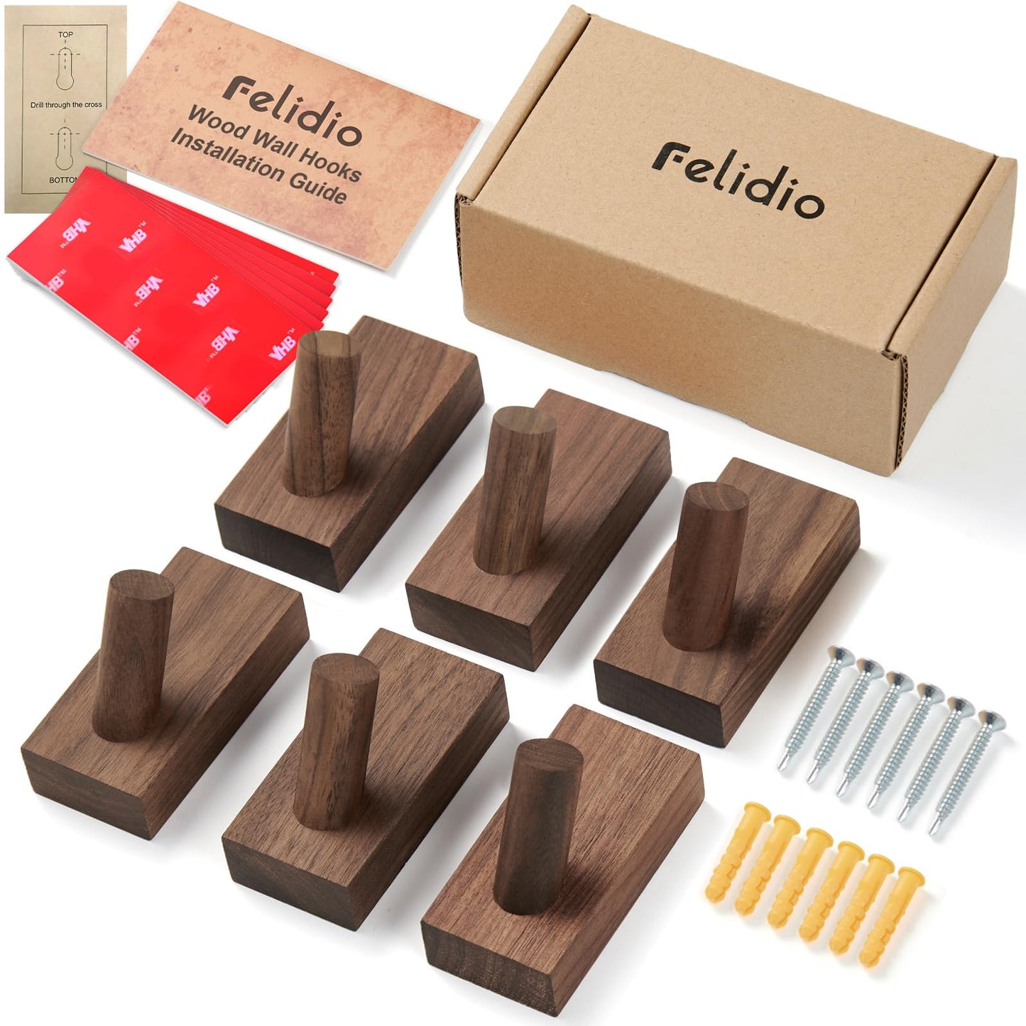 Felidio Natural Wooden Wall Hooks, Adhesive & Screw Mount Coat and Towel Hooks - Decorative Key Holder, Hat Rack, Stocking Wall Hangers for Bathroom Entryway Closet - 6 Pack, Walnut Wood