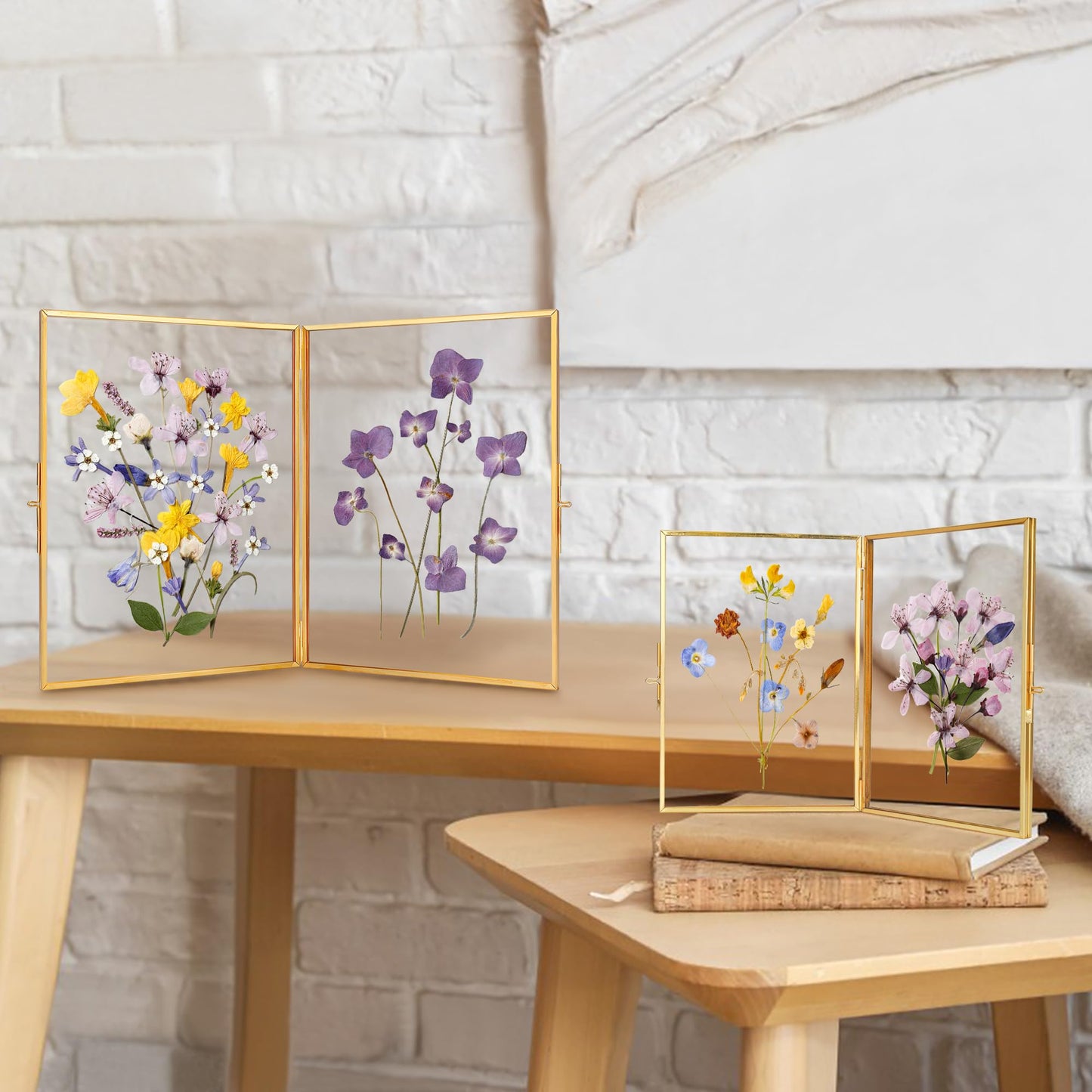 REDHUGO Glass Pressed Flower Frame Handmade, Hinged Double Press Flower Frame, Tabletop Brass Photo Frames, Rectangle Dried Flowers Display Folding Frames for Home, Gold,5×7 Inches