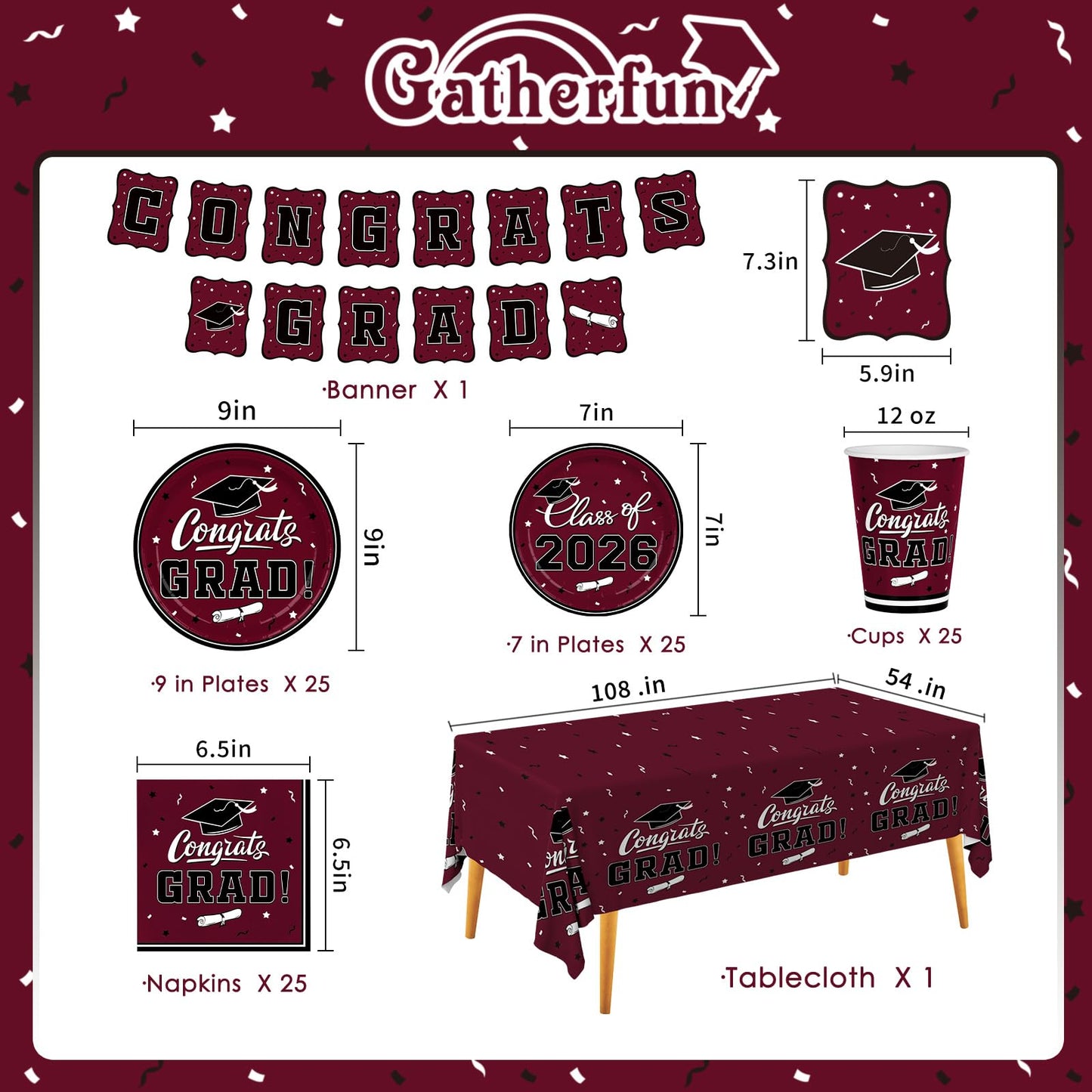 Graduation decorations 2026 Maroon Congrats Grad Party Dinnerware Set Disposable Paper Plates Napkins Cups Tablecloth Banner for Congrats Graduation Decorations 2026 deals, Serve 25