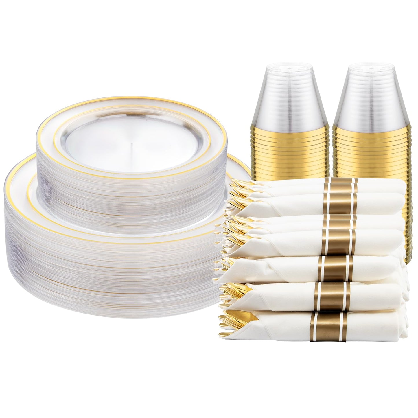 DaYammi 210PCS Clear Gold Plastic Dinnerware Set for 30 Guests, Fancy Disposable Plates for Party, Include: 30 Dinner Plates, 30 Dessert Plates, 30 Pre Rolled Napkins with Gold Silverware, 30 Cups