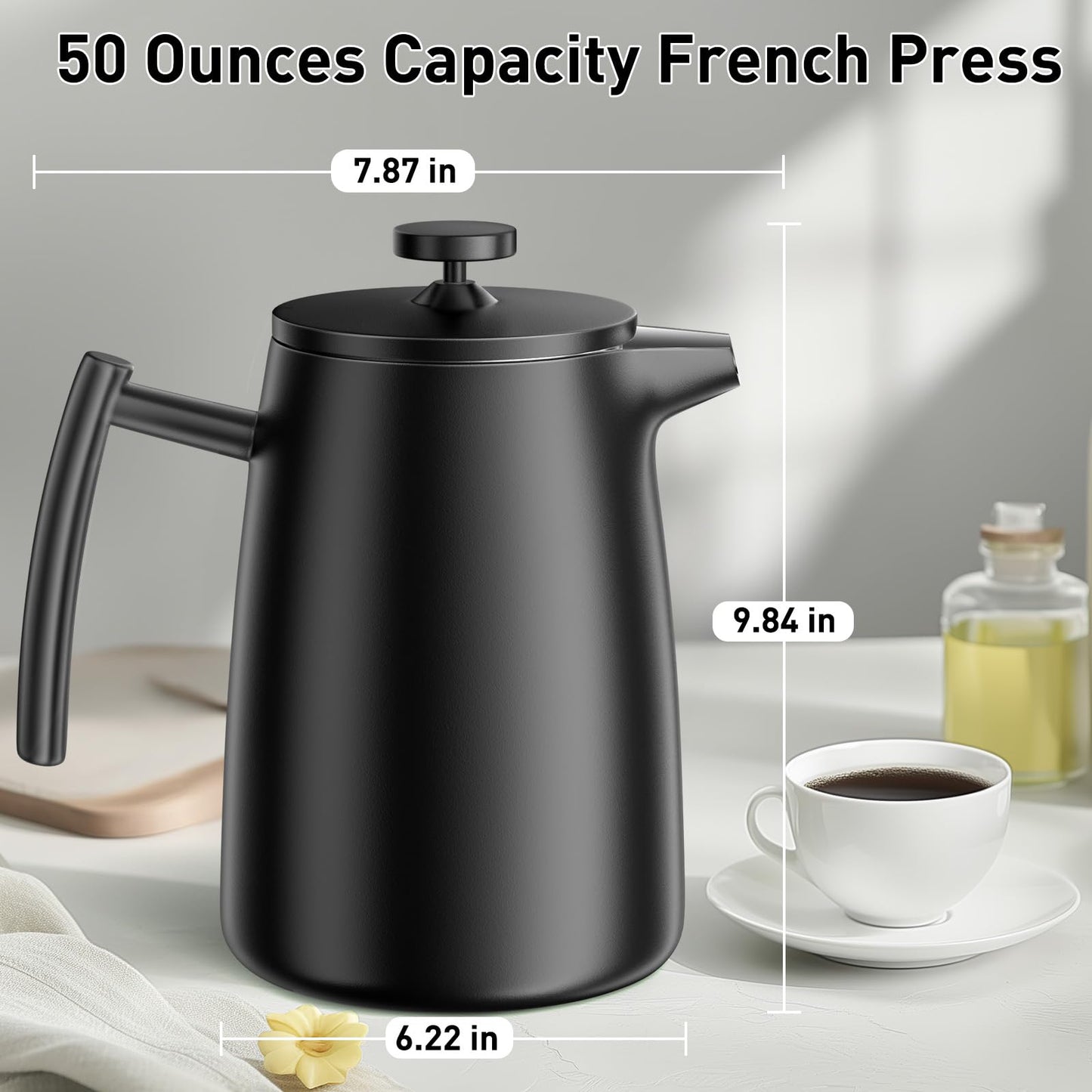 Secura 50oz French Press Coffee Maker – 304 Stainless Steel, Insulated Coffee Press with Extra Filter, Black