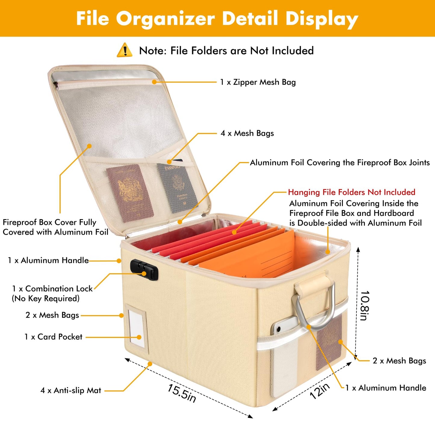TOMKID 5200°F Fireproof Document Box, Fire Important Document Organizer with Lock, Upgraded Heat Insulated Filing Storage Cabinet Office Organization (5200°F Fireproof Box, Off-white)