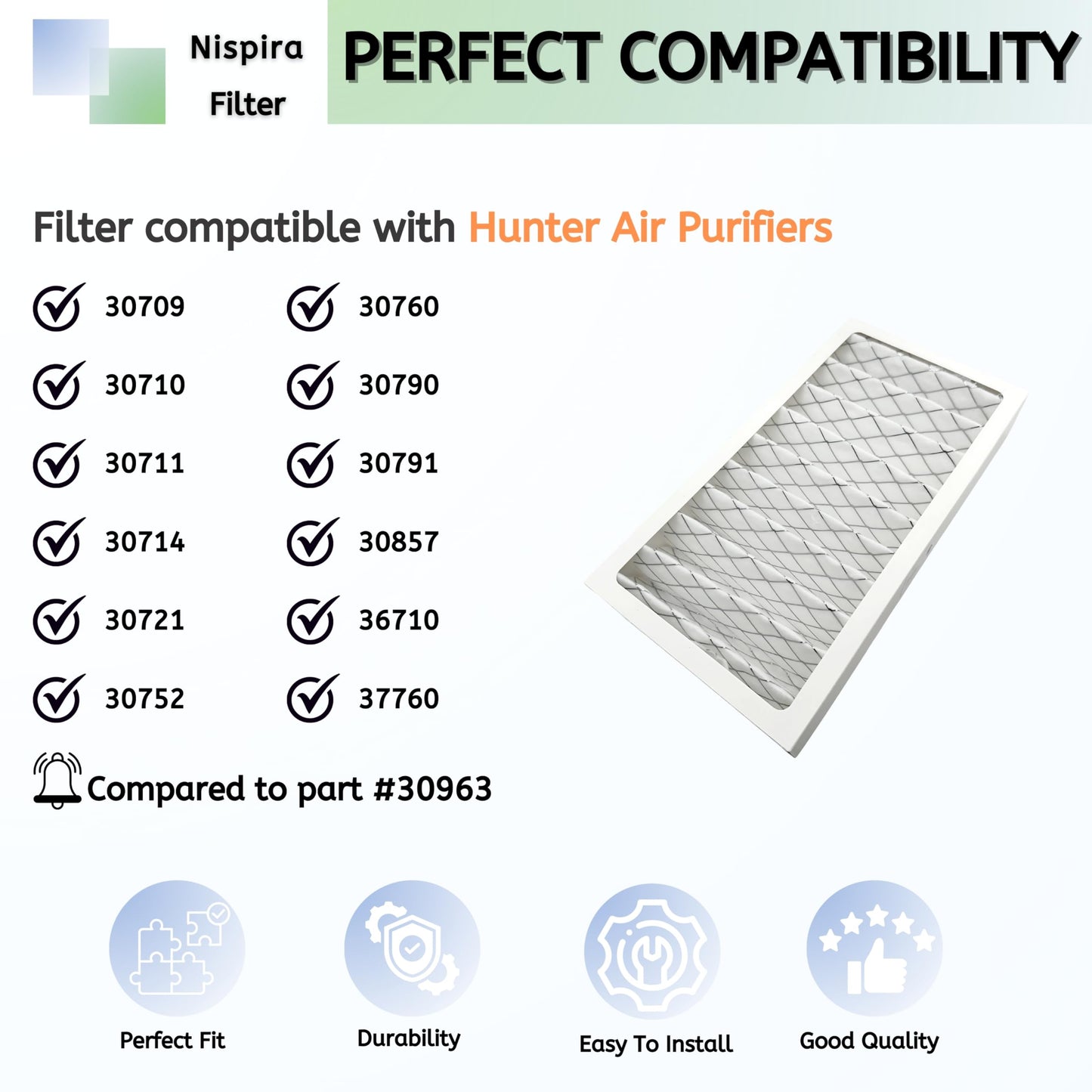 Nispira 30963 Hepatech Filter Replacement Compatible with Hunter Air Purifier 30709, 30710, 30711, 30714, 30721, 30752, 30760, 30790, 30791, 30857, 36710, 37760. 2 Packs