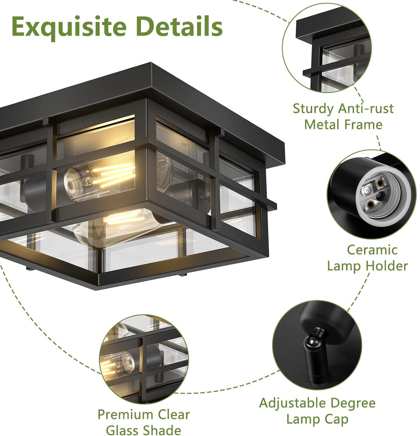 Asnxcju Modern Outdoor Ceiling Light Fixtures, 2-Light Black Flush Mount Light Fixtures with Clear Glass Shade, Farmhouse Square Ceiling Lighting for Porch Bathroom Kitchen (Bulbs Not Included)