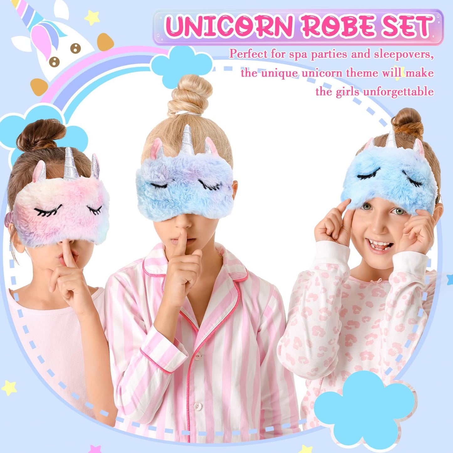 Maiteenly 10 Sets Unicorn Spa Party Supplies for Girls Include Spa Satin Robe Headband Eye Mask Handbag Spa Sleepover Party Favors