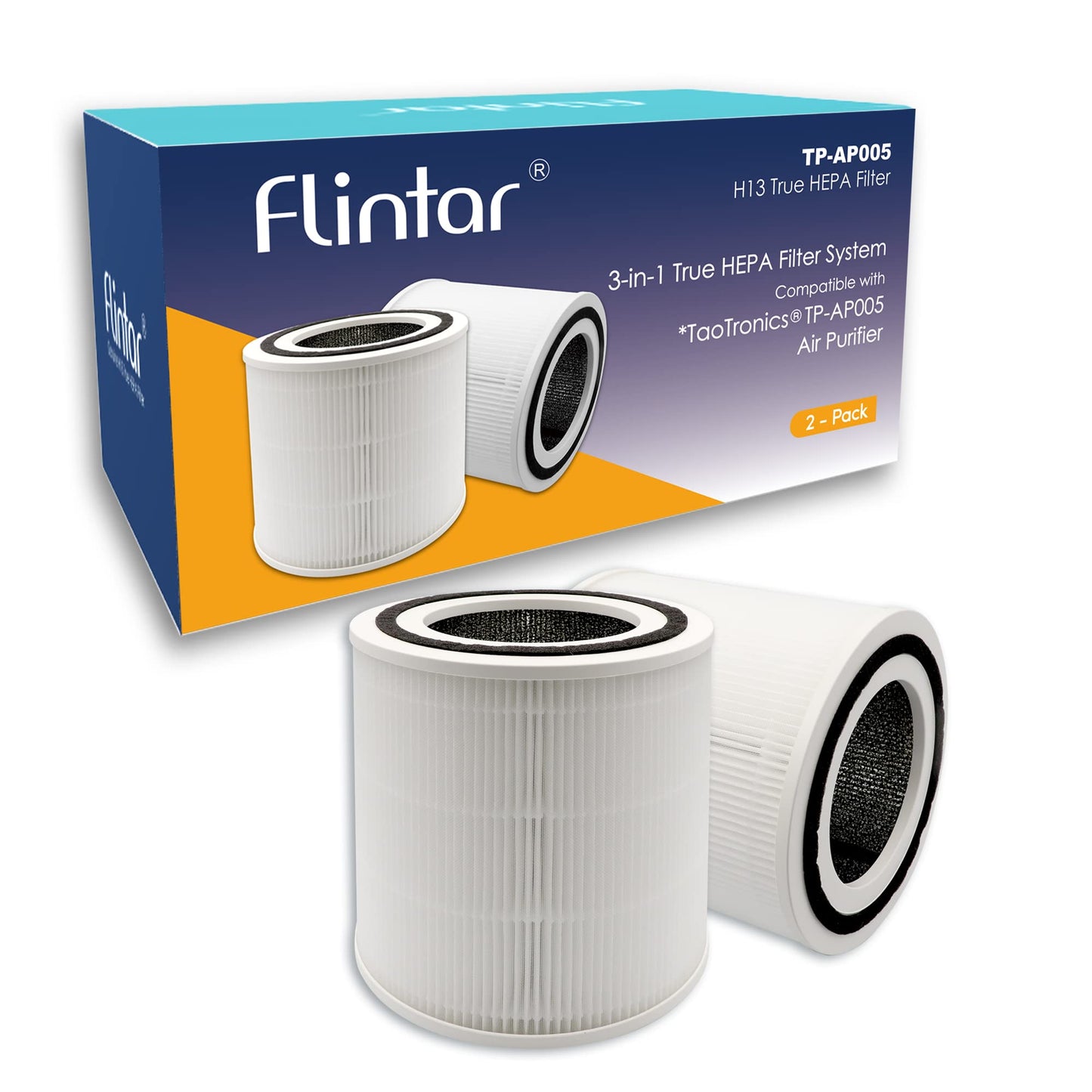 Flintar TT-AP005 Replacement Filter, Compatible with TaoTronics TT-AP005 Air Purifier, H13 Grade Filtration and Activated Carbon Filter Set, 2-Pack