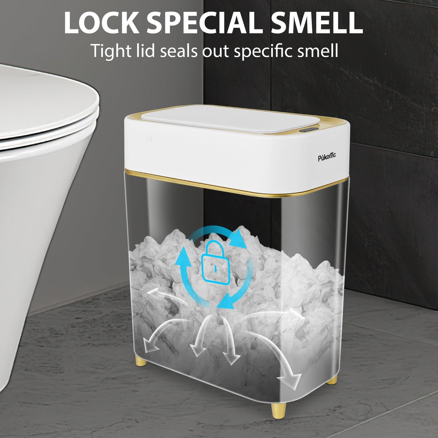 Pukomc 2.3 Gallon / 9L Automatic Adsorption Sensor Trash Can, White Gold Motion Sensor Garbage Bin with Suction, Slim Fashionable Design for Kitchen, Bathroom, Office & Small Space
