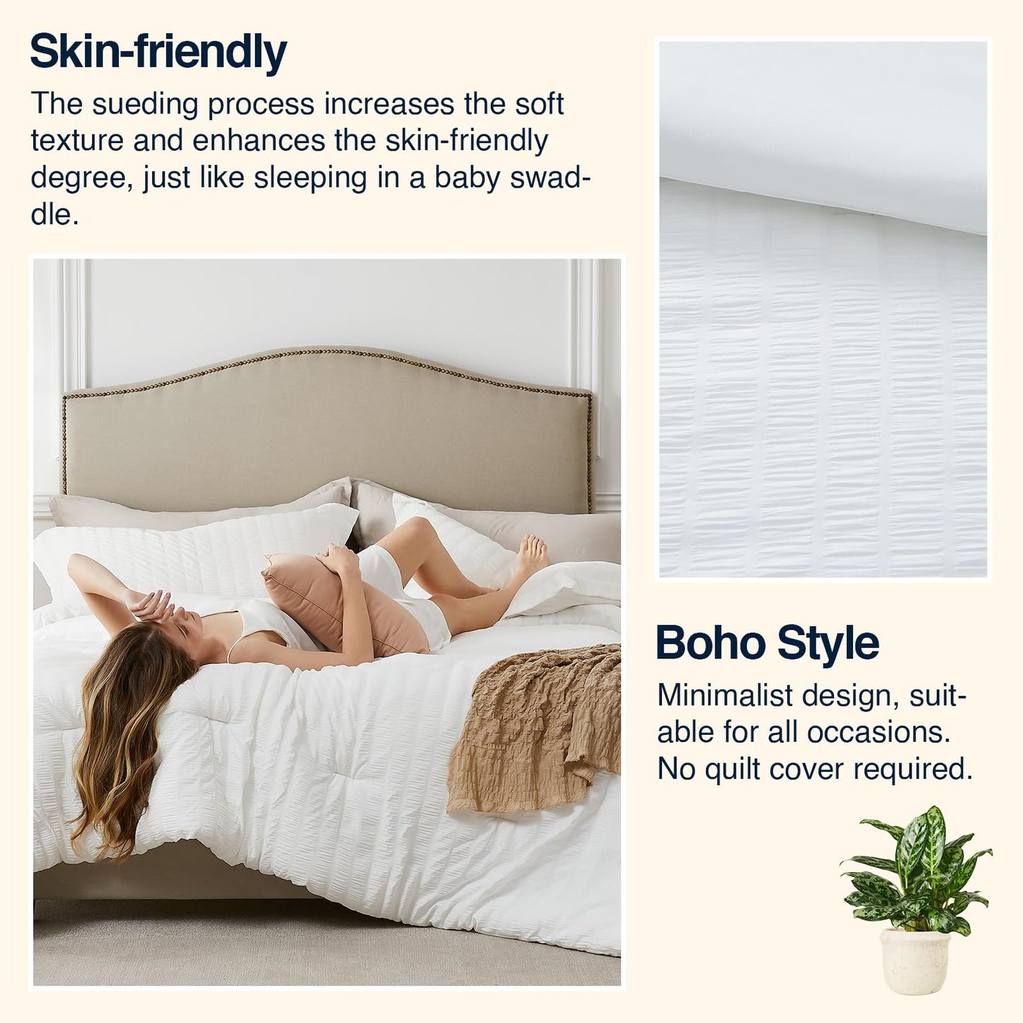 Quataly White Queen Comforter Set - 3 Pieces Seersucker Lightweight Bedding Comforter Sets (1 Soft Fluffy Comforter & 2 Pillowcases) - All Seasons Cozy Modern Bed Sets