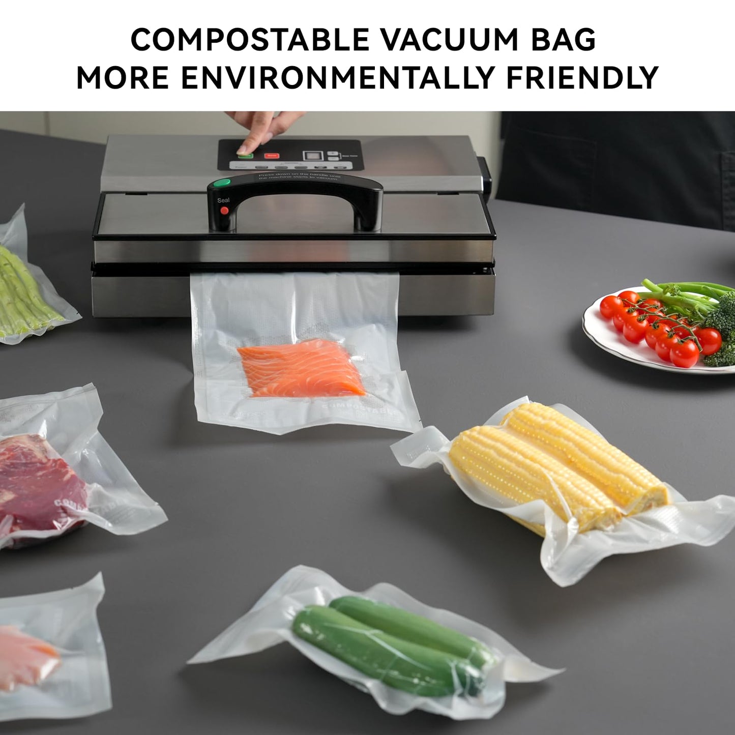 VestaEco Compostable Vacuum Sealer Bags for food, 3 Rolls 11" x 16' and 2 Rolls 8" x 20', Heavy-Duty Embossed Vacuum Seal Bags, Customized Size for Meal Prep/Sous Vide Cooking, BPA-Free