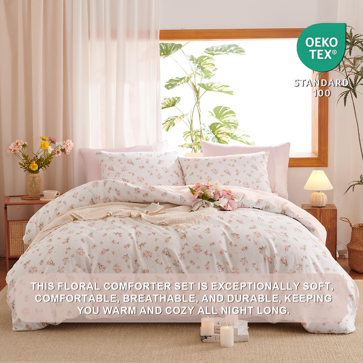 Erwinmu Floral Comforter Set Queen Size - 3 Pieces Pink White Floral Comforter Bedding Sets Reversible Pattern,Queen Bed in a Bag with Flowers Comforter and 2 Pillowcases