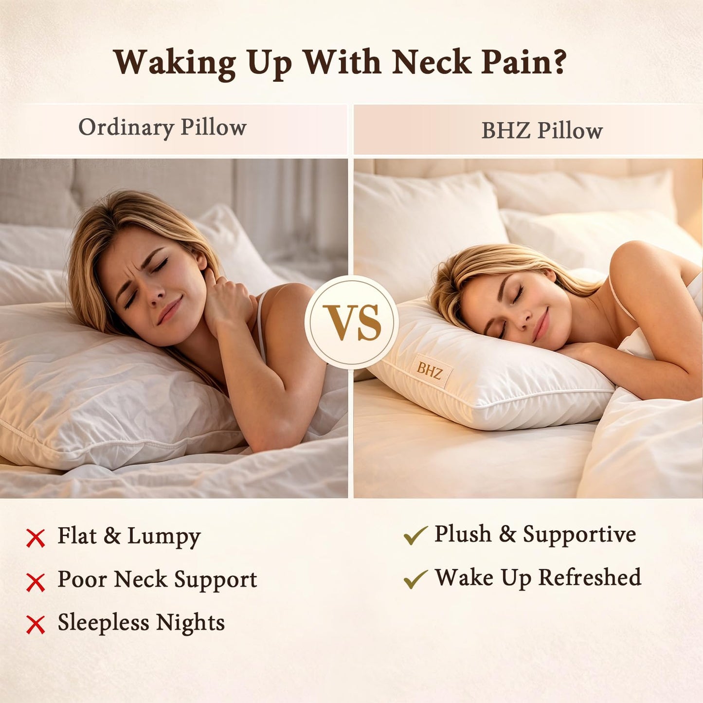 BHZ Goose Down Feather Pillows Queen Size - Hotel Collection Bed Pillows for Sleeping Medium Firm Soft Support Pillow for Side and Back Sleepers with Breathable Cover