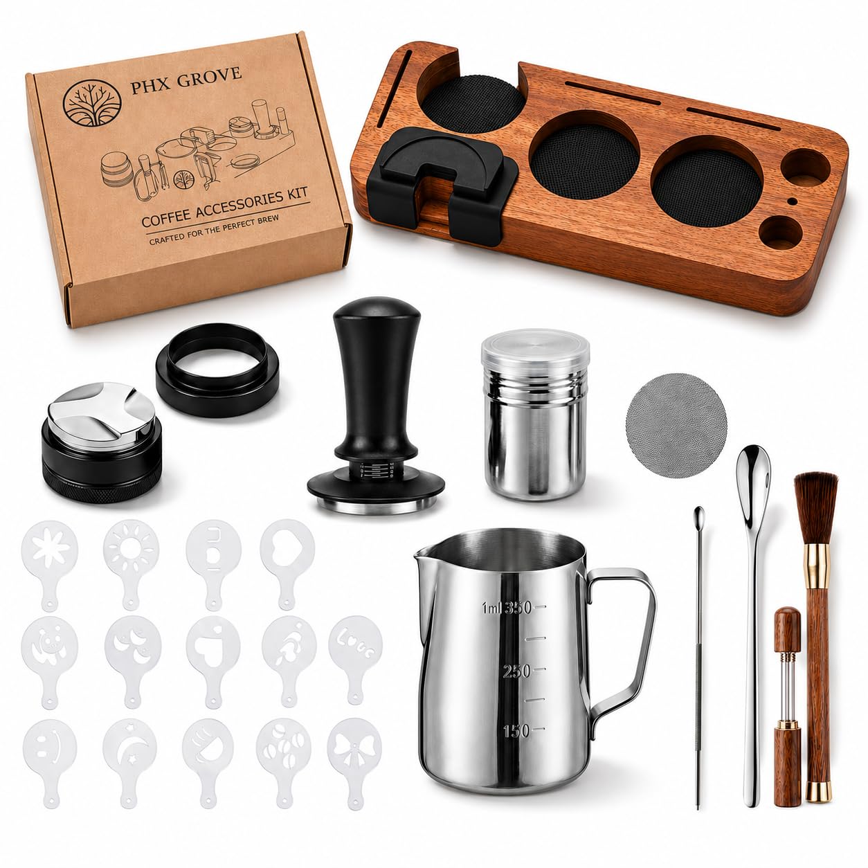 28-Piece 51mm Espresso Accessories Kit, Espresso Machine Tools with Wood Tamping Station, Tamper, Distributor, WDT Tool, Dosing Funnel, Milk Frothing Pitcher & Latte Art Set