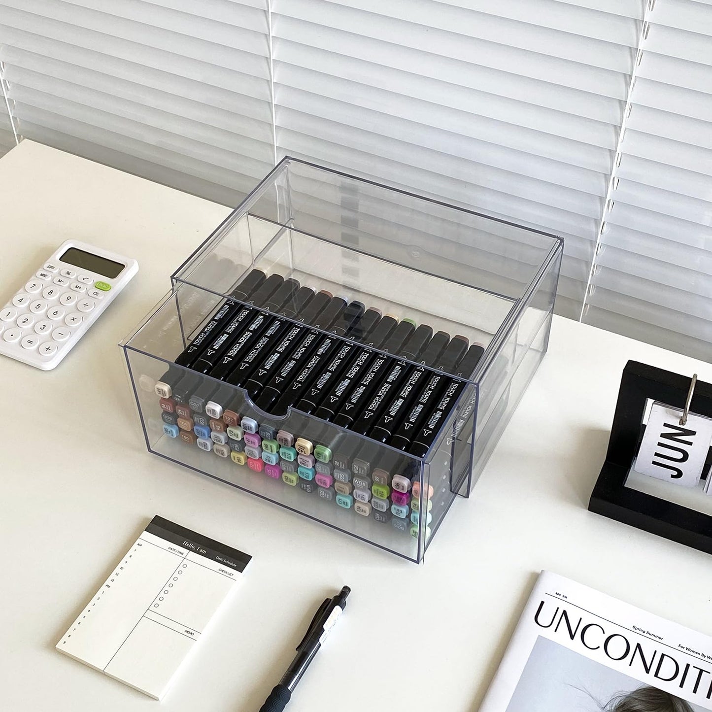 NINEWEEN Clear Desk Organizers and Accessories, 2 Pack Plastic Drawer Organizer for Office Supplies, Marker Pen, Art Crafts, Stationery, Coffee Pods, Stackable Home Storage (2 Drawers)