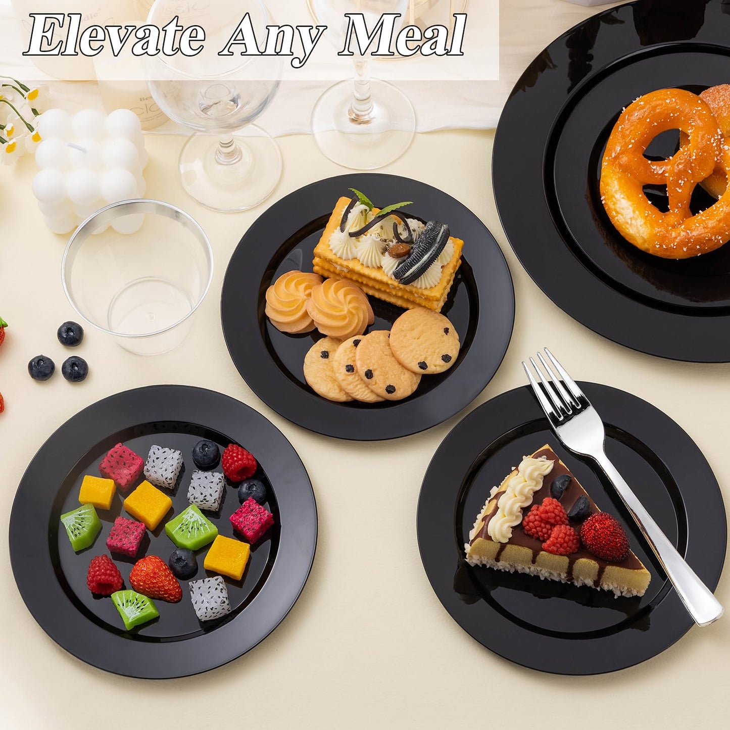 BESTSTAR 200PCS Black Plastic Plates Set, 100 10.25 inch Dinner Plates and 100 7.5 inch Dessert Plates, Premium Disposable Plates for Party, Graduation Party Supplies 2026