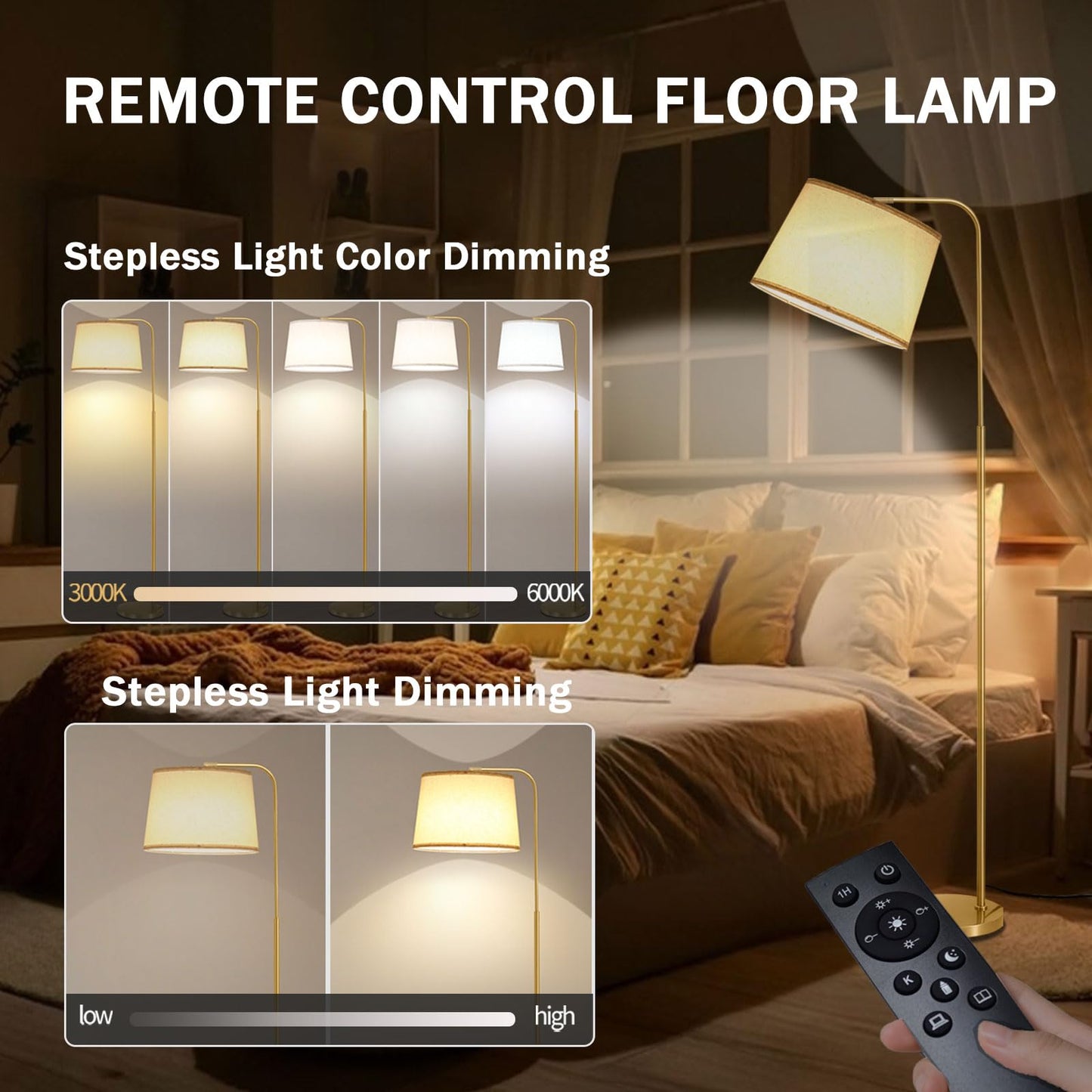lumsic Floor Lamp for Living Room, Dimmable Modern Floor Lamps for Bedroom, Remote Control Modern Corner Standing Lamps, Nursery Industrial Adjustable Arc Tall Lamp with 9W Bulb for Office Reading