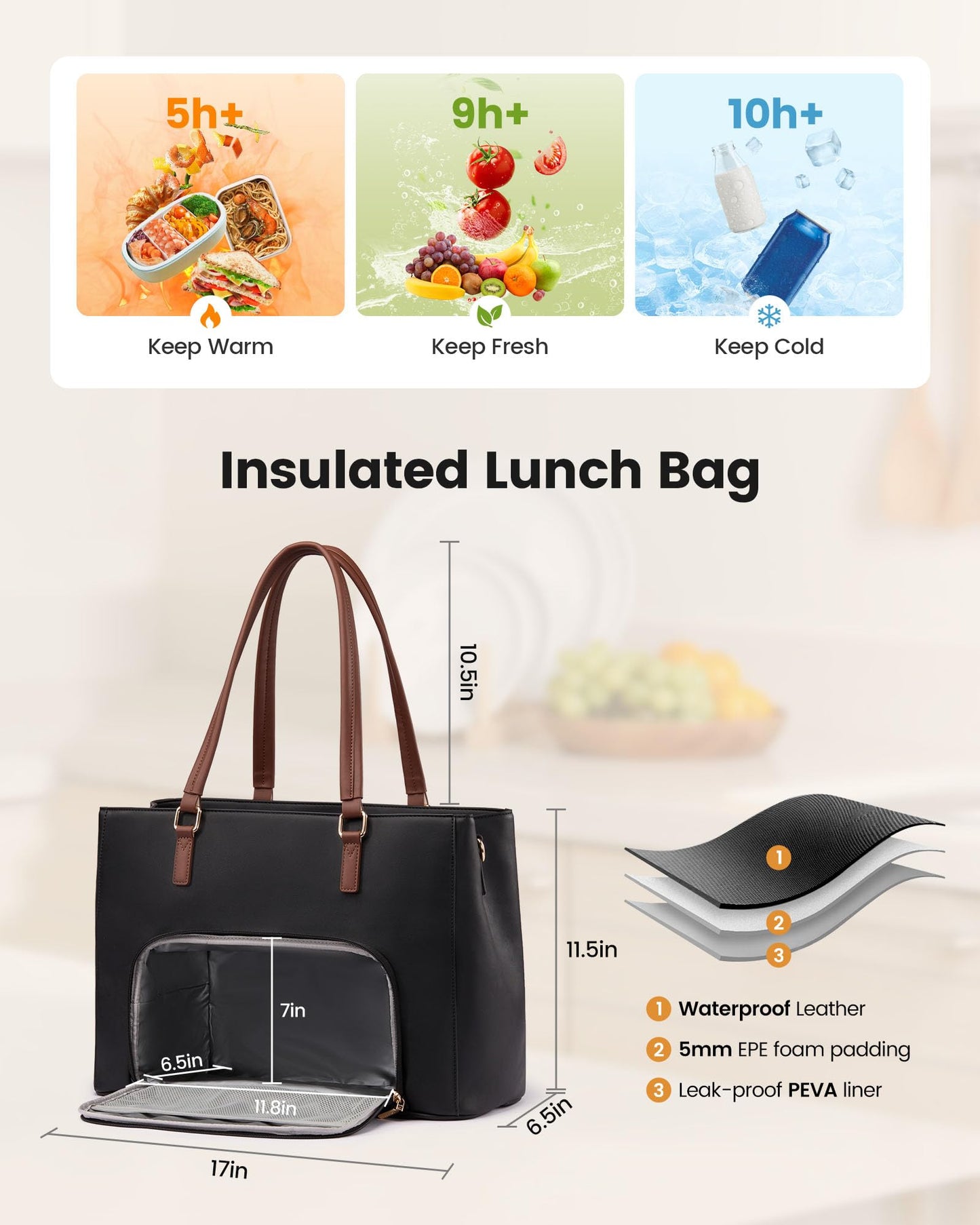 LOVEVOOK Lunch Bag for Women, Leather Work Laptop Tote Bag with Insulated Lunch Compartment&Cup Holder, 15.6 Inch 2 in 1 Lunch Tote for Business, Teacher, Nurse, Office, College, Casual