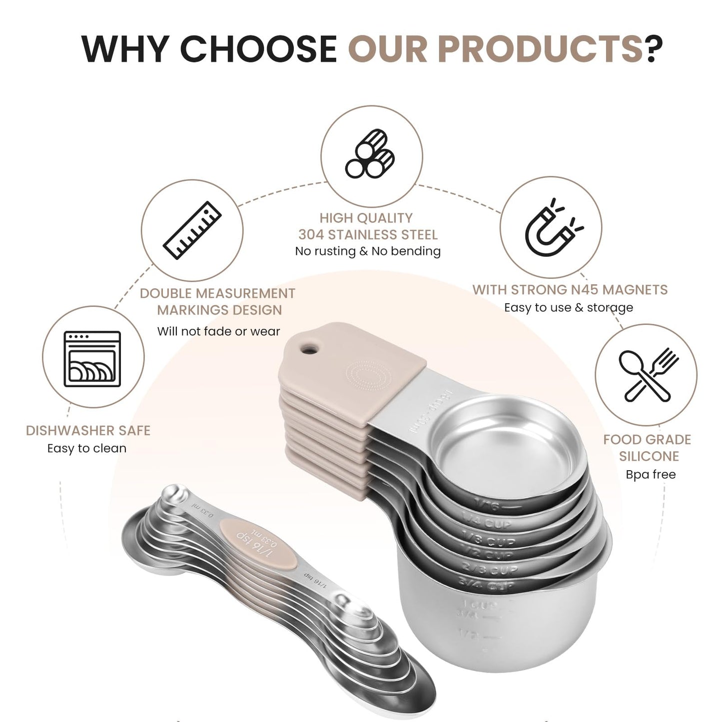 Magnetic Measuring Cups and Spoons Set-Heavy Duty 304 Stainless Steel，Double Measurement Markings，Set of 16 with Leveler for Measure Dry and Liquid Ingredients (khaki)