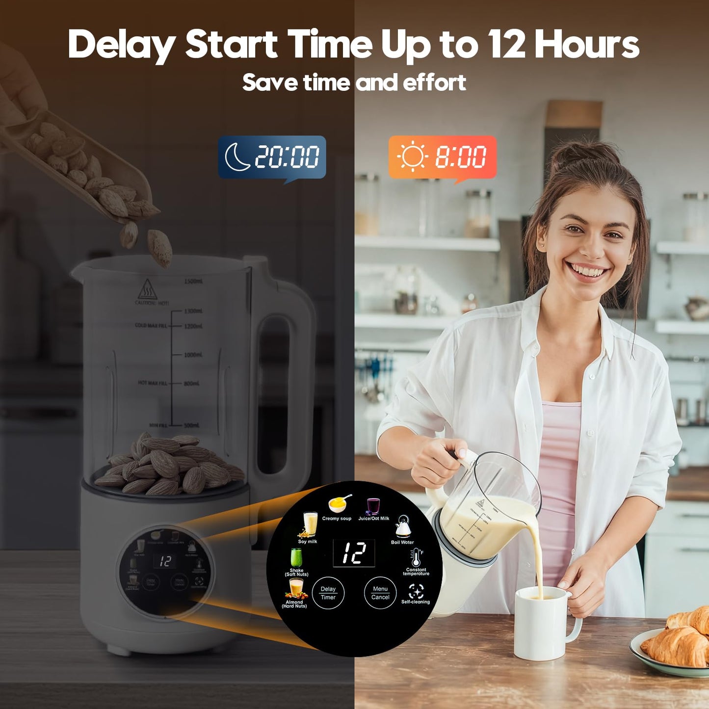 8-in-1 Nut Milk Maker, 50oz Glass Soy Almond Oat Milk Machine with 20-Blades, Delay Start, Constant Temperature, Self-Cleaning, Overheat Protection, Recipe Included