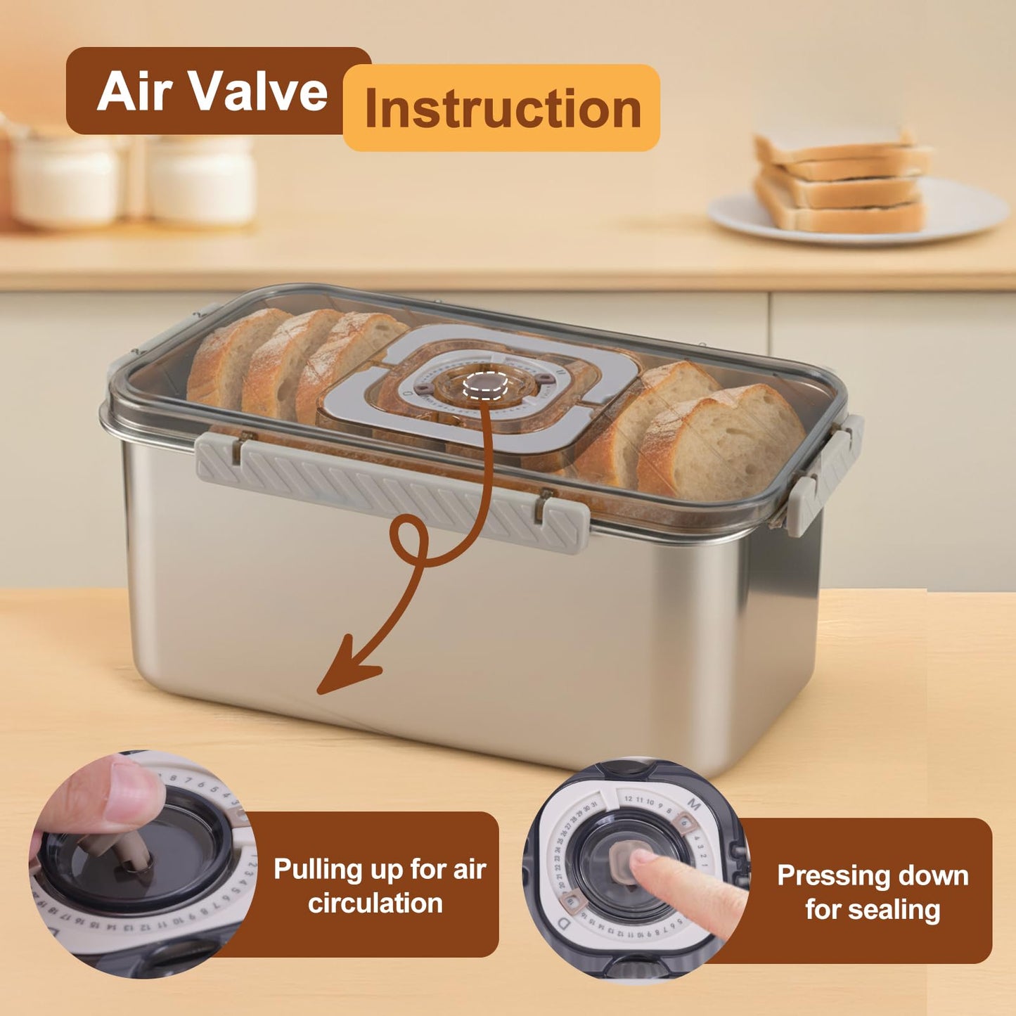 Gifhomfix Bread Box Airtight 304 Stainless Steel Bread Container, Dishwasher Safe Bread Storage for Homemade Bread, Time Recording Bread Storage Container with Lid and Handle