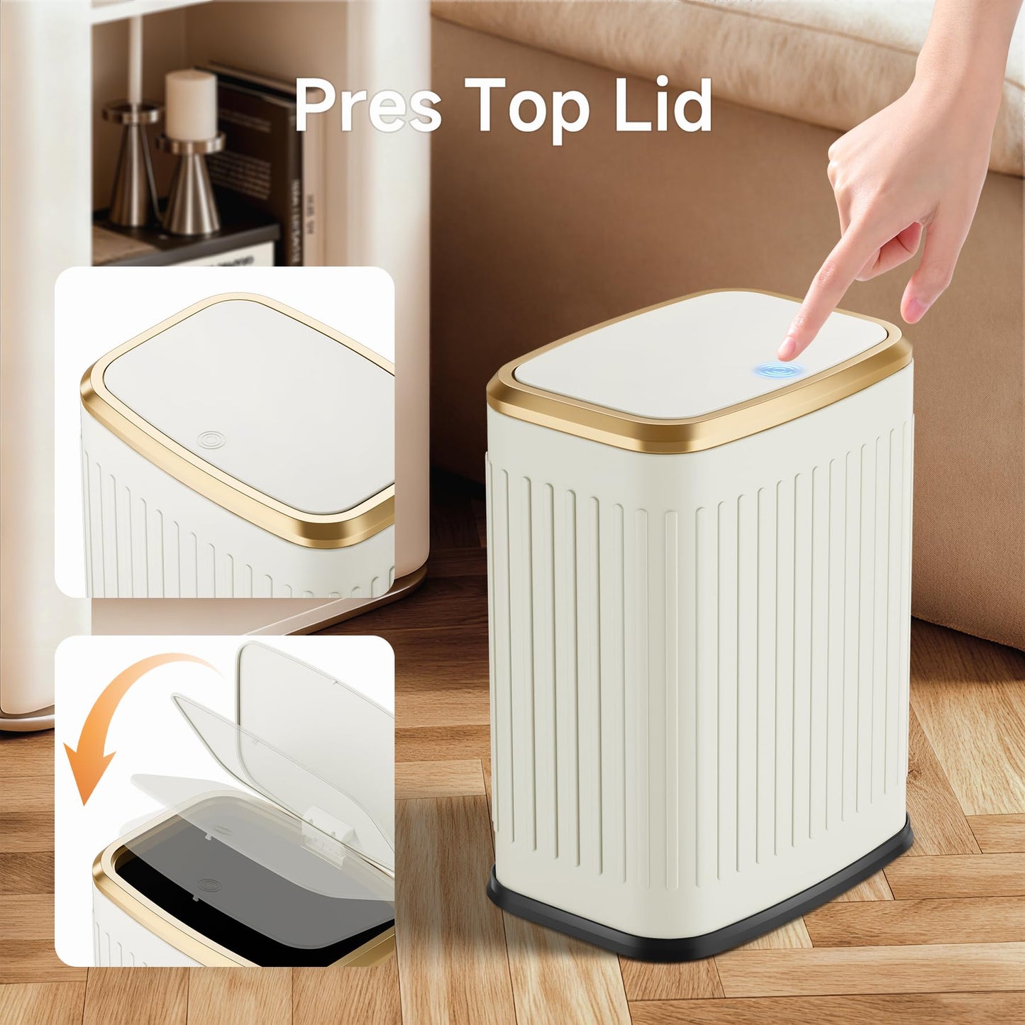 TIPGO Bathroom Trash Can with Lid, 2.1 Gallon / 8 Liter Small Garbage Can, Press Top Bin, Stainless Steel Wastebasket with Pop-Up Lid for Bedroom, Living Room, Office (Cream)