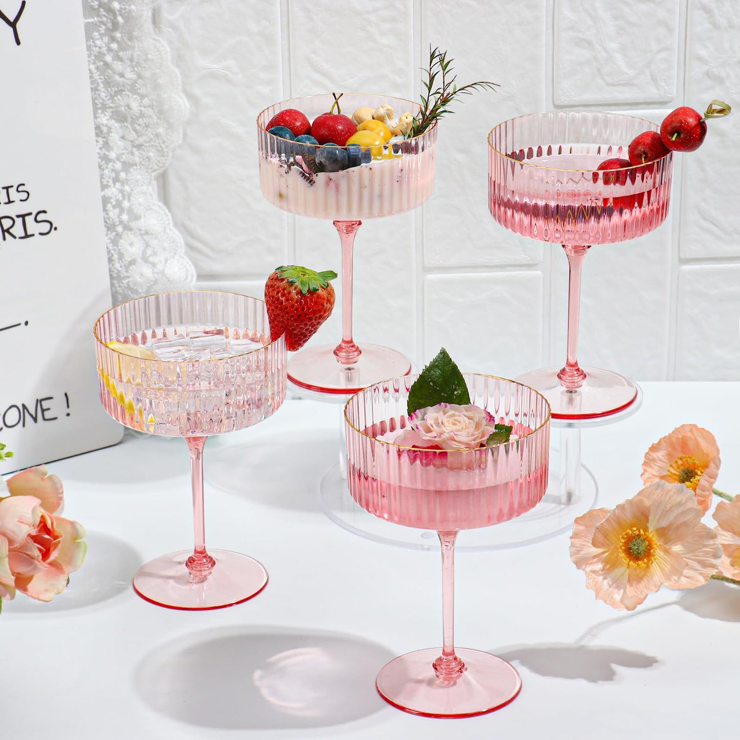 HKSZEH 24 PCS Ribbed Coupe Glasses Pink Plastic Champagne Coupe Cup 10oz Detachable Gold Rim Espresso Martini Glass Vintage Margarita Glassware Cocktail Glass for Wedding Bachelorette Party