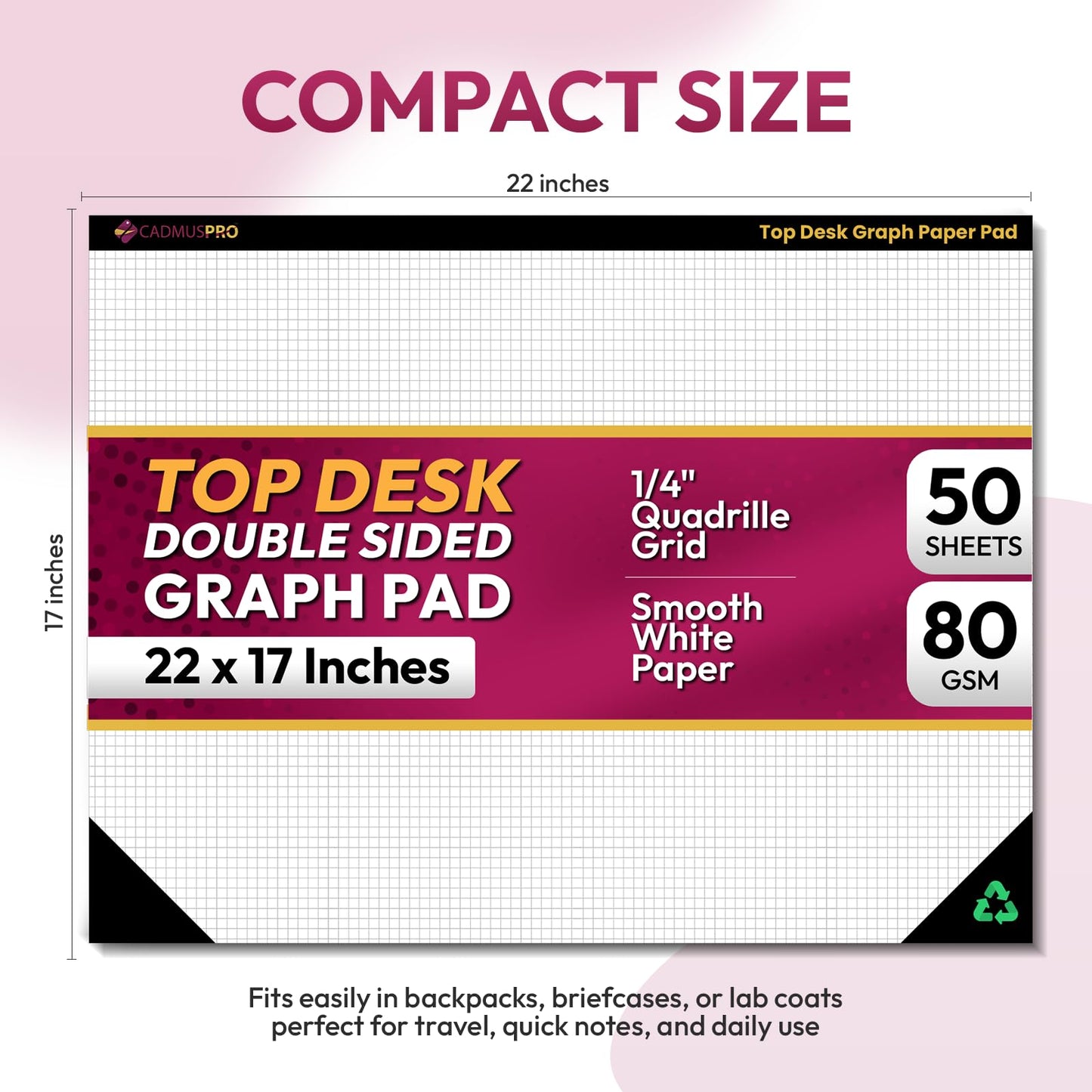 CADMUSPRO Top Desk Graph Paper Pad 22x17 Inch, 50 Sheets, Double-Sided 80 GSM Large Quadrille Grid Paper for Drafting, Design, Art, Architecture and Academic Use