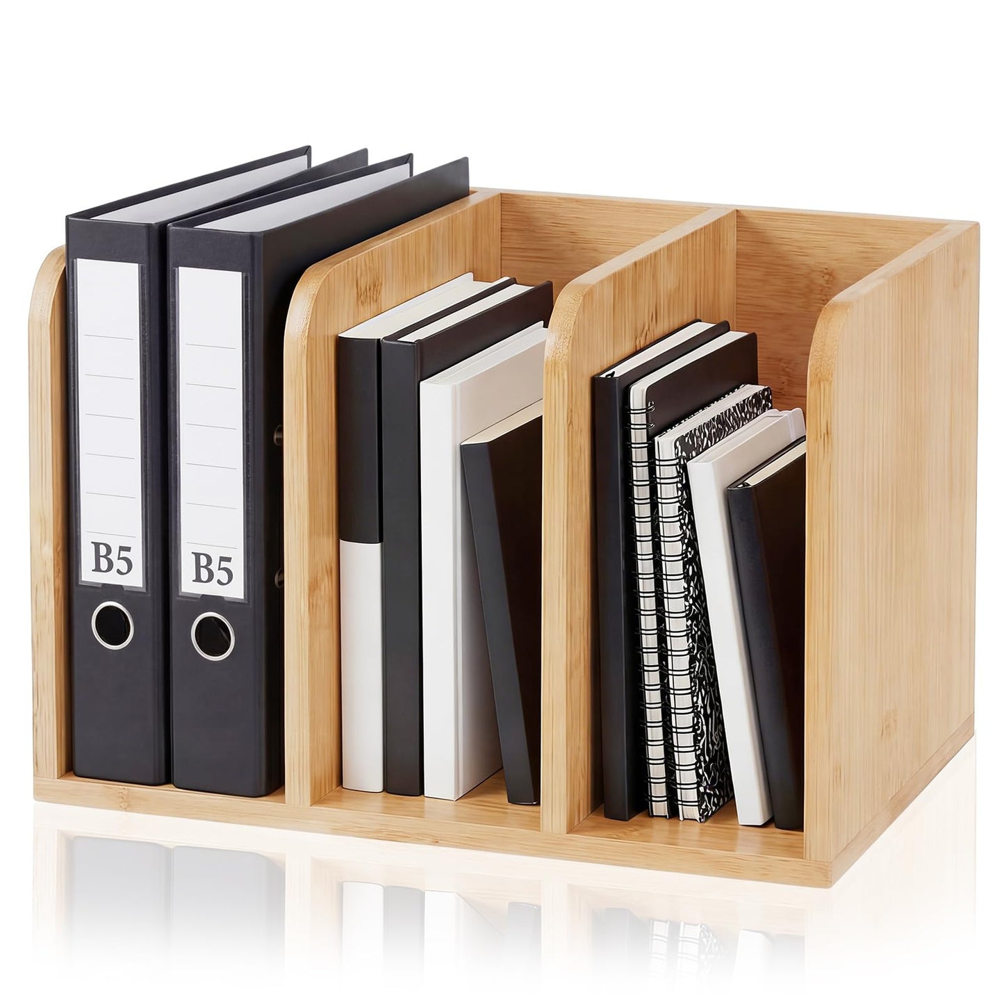 Novabright Bamboo Wooden File Magazine Holder Desk Organizer, 3 Vertical Compartments Workspace Sorters for Magazines, Binders, Notebooks, Envelopes