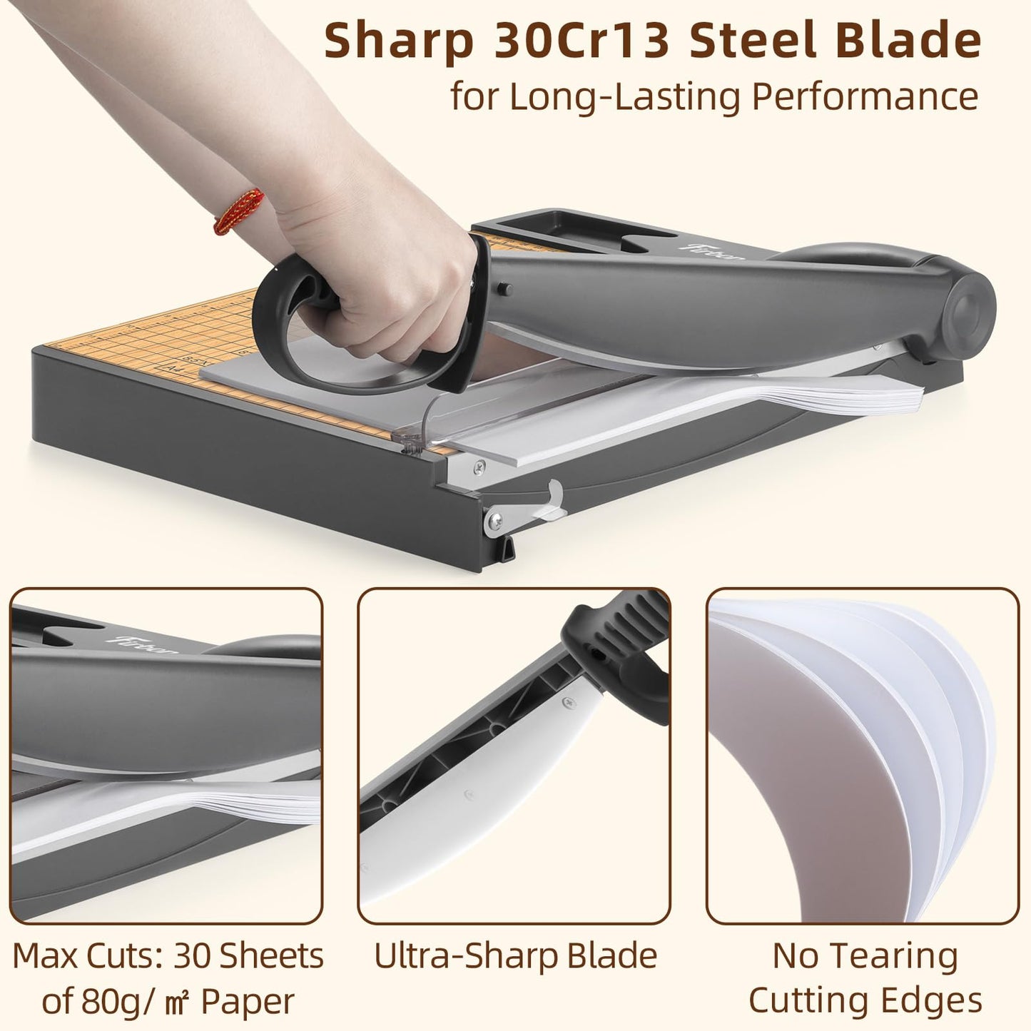 Firbon 12-Inch Wood Base Guillotine Paper Cutter, Heavy Duty 30-Sheet Capacity Precision Paper Trimmer for Cardstock, Photos, A4 Paper, Office & Classroom