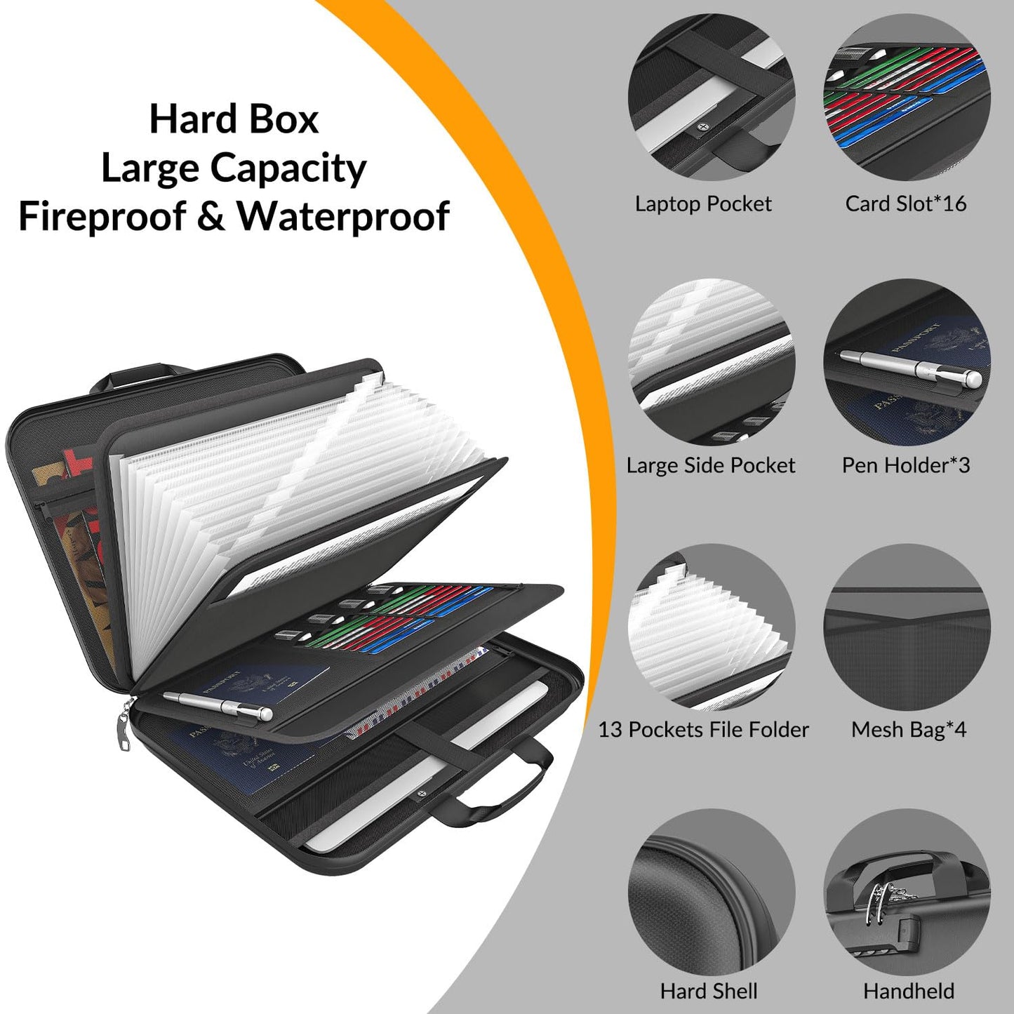 onvvippiv Hard Case Fireproof Document Box, Important File Organizer with Lock Waterproof Zipper, Portable Home Office Travel Storage Accordion Folder for Letter A4 Laptop Files
