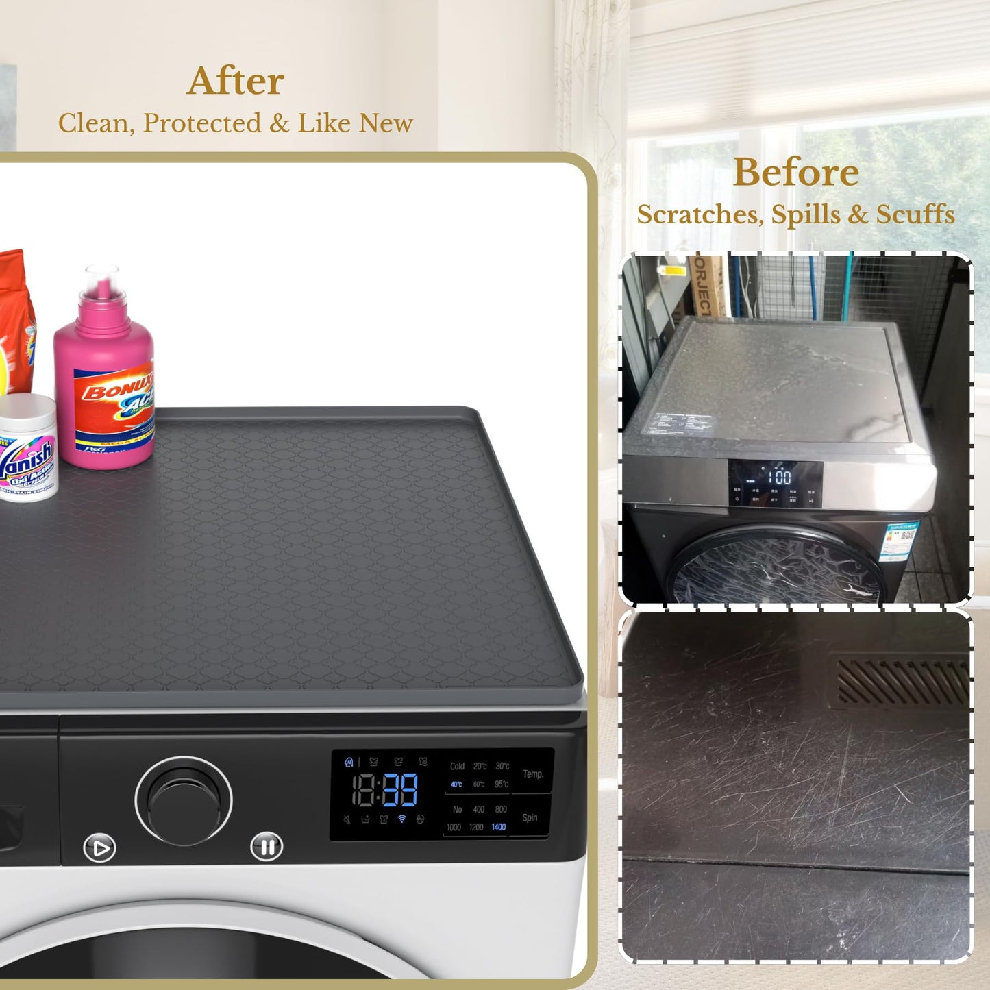 Iycnkok Washer and Dryer Covers for the Top - 27''x 27'' Silicone Protector Mat for Washing Machine Countertop - Non-slip Rubber Waterproof Dustproof Ideal for Laundry Kitchen - Gray 2 Pack