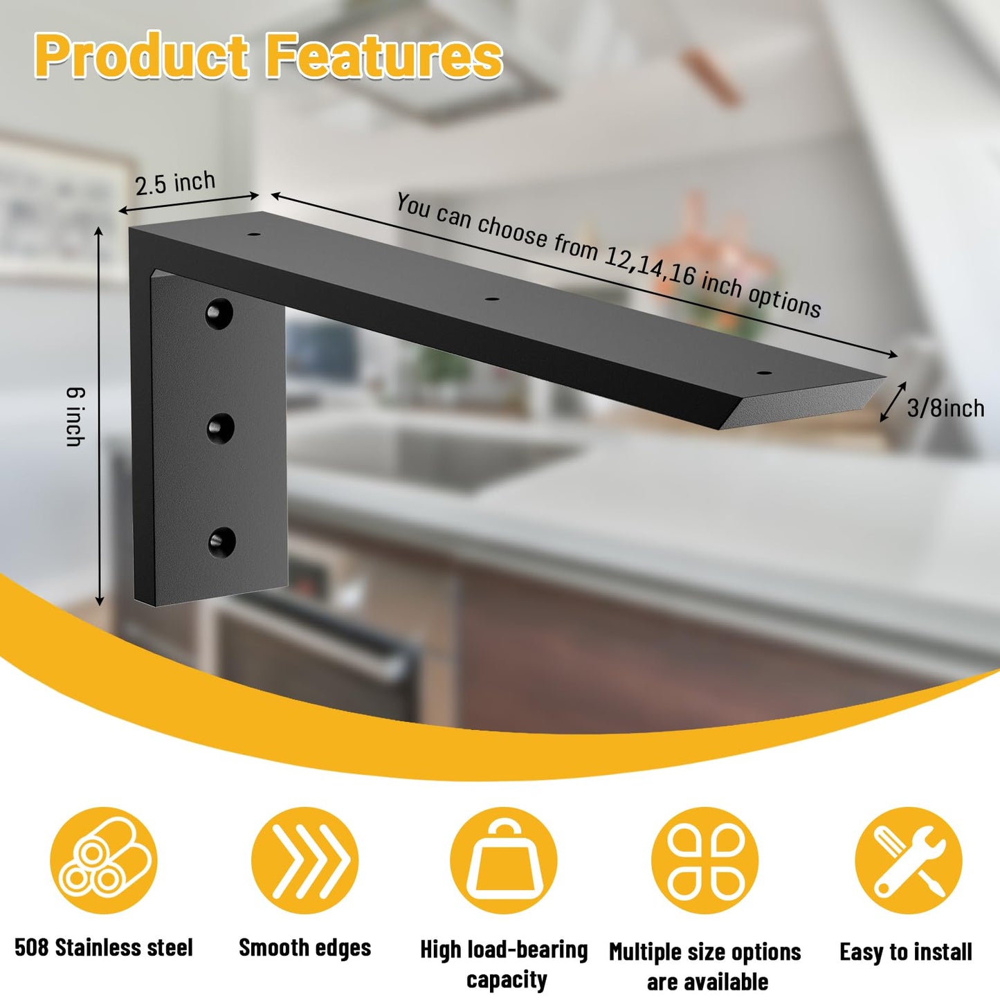 Countertop Support Bracket 12 inch 4 Pack (3/8" Thick),Premium Heavy Duty Granite Countertop Brackets 12"x6"x2.5",Shelf L Bracket Mantel Corbels for Quartz,Wood,Concrete and Laminate Countertops