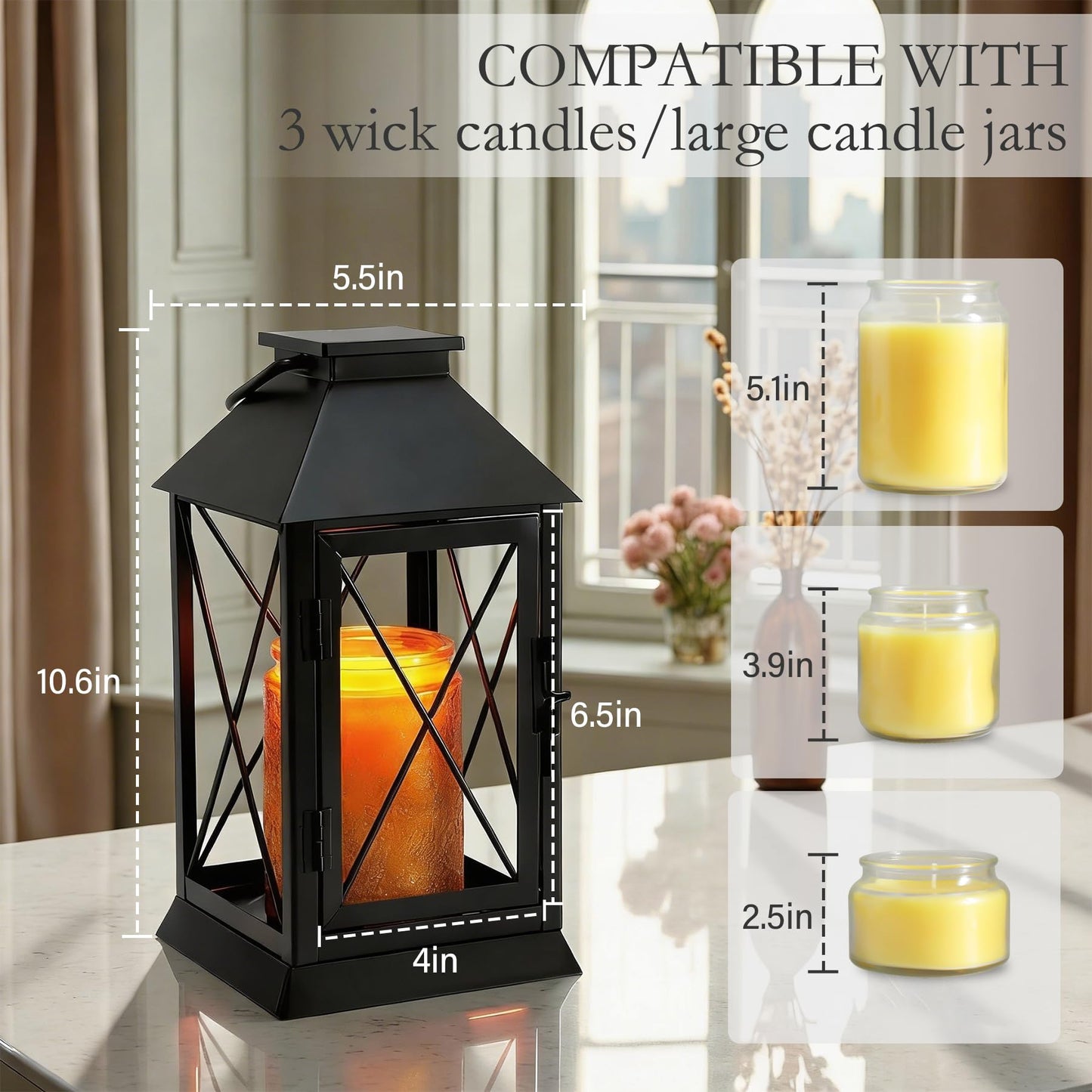 Aaffkaa Candle Warmer Lamp with Timer Dimmable,Compatible with 3 Wick Candle/Large Candle,Vintage Lamp Candle Warmer Lantern Farmhouse Style,Fully Enclosed Designed and Hanging Up-Black