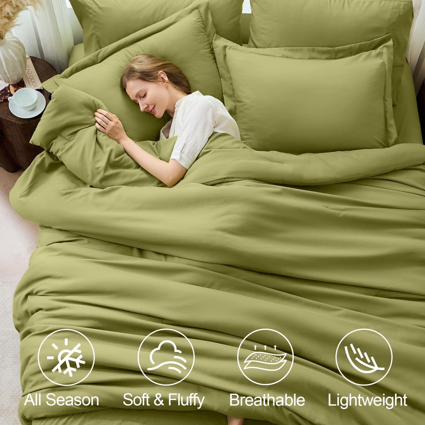 FUANNA Queen Comforter Set Olive Green, 7 Pieces Soft Bedding Sets Queen Size, All Season Lightweight Bed in a Bag with Comforter, Flat Sheet, Fitted Sheet, Pillowcases & Shams