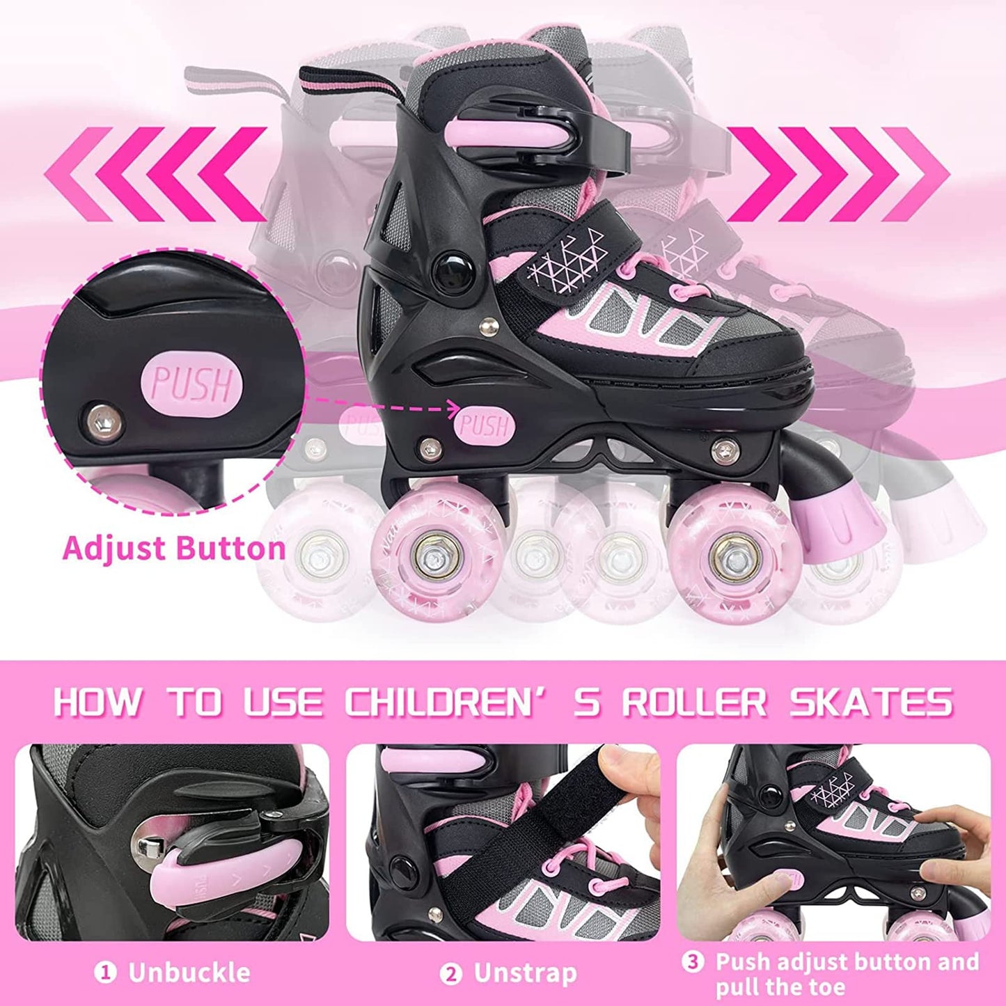 MammyGol Roller Skates for Kids Boys Girls, Adjustable Quad Skates with Light Up Wheels for Toddler Little Kids Ages 6-12 Size 13C 1 2, Beginners Outdoor Sports, Pink