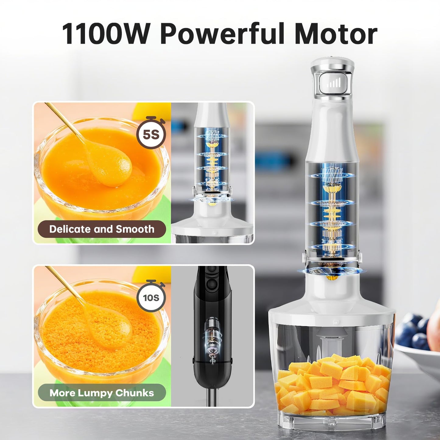 Turelar Immersion Blender Handheld Corded Hand Blenders Set 1100W, Trigger Variable Speed 5 in 1 Stick Emulsifier with Chopper, Whisk and Frother for Soup, Baby Food and Smoothies, White