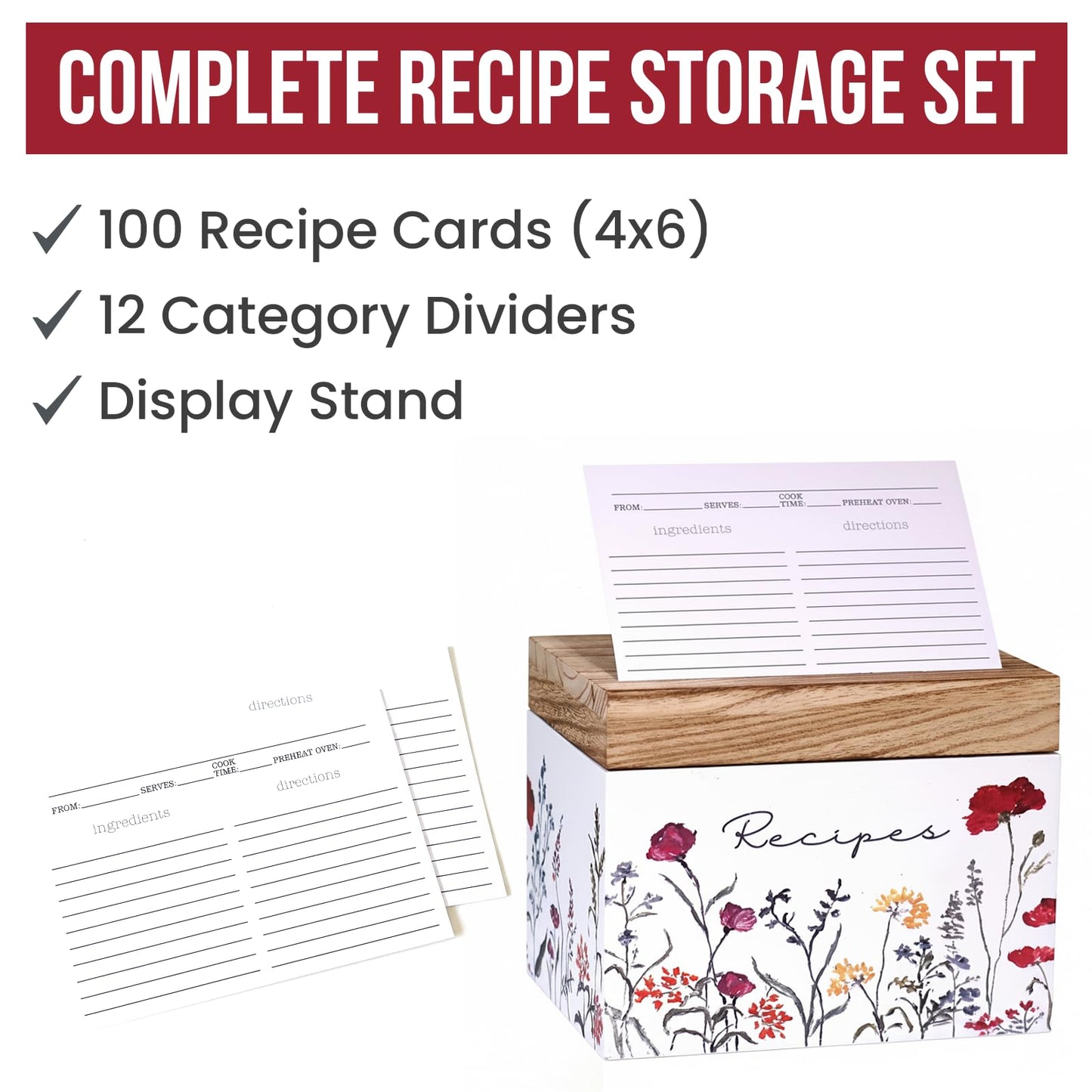SENSORY4U Wooden Recipe Box with Cards & Dividers – Wildflower Floral Design – Includes 100 4x6 Recipe Cards, 12 Dividers & Built-In Recipe Holder Slot – Rustic Farmhouse Kitchen Organizer