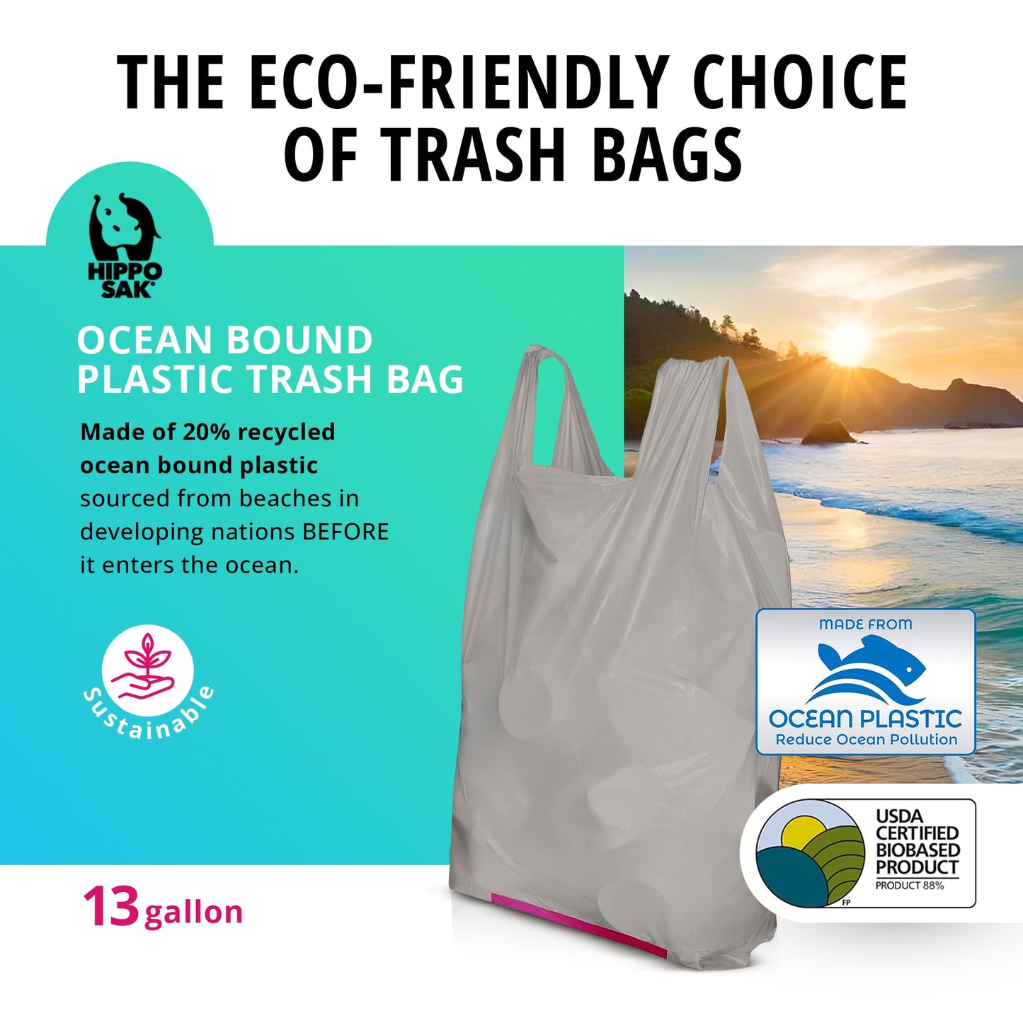 Hippo Sak - Tall Kitchen Garbage Bags with Ergonomic Handles - 13 Gallon Trash Bags Made from Recycled Ocean Bound Plastic - Super Strong and Leak Proof Tall Kitchen Trash Bags (90 Count)