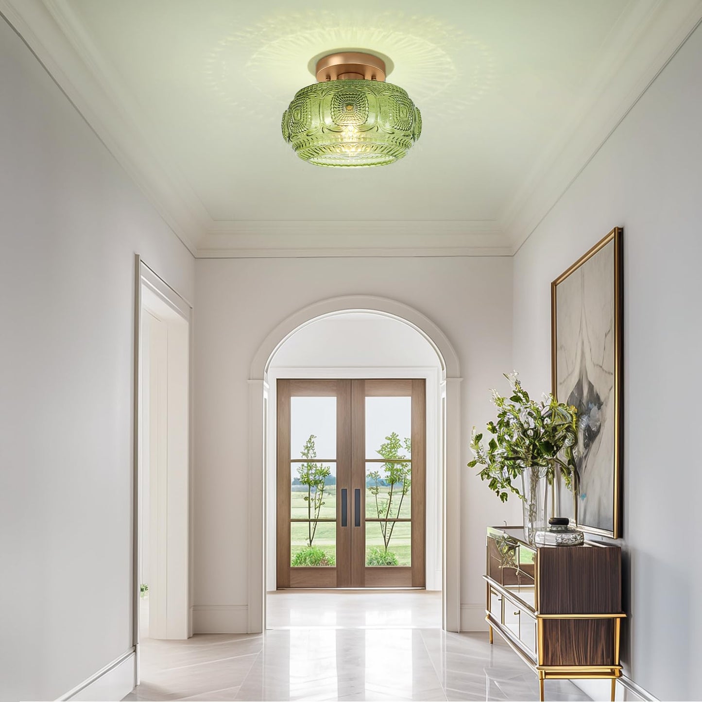 OYKYOHEI Semi Flush Mount Ceiling Light, Green Globe Glass Ceiling Light Fixture, Art Deco Kitchen Lighting fixtures Ceiling for Hallway Porch Corridor Bedroom, Bulb Not Included