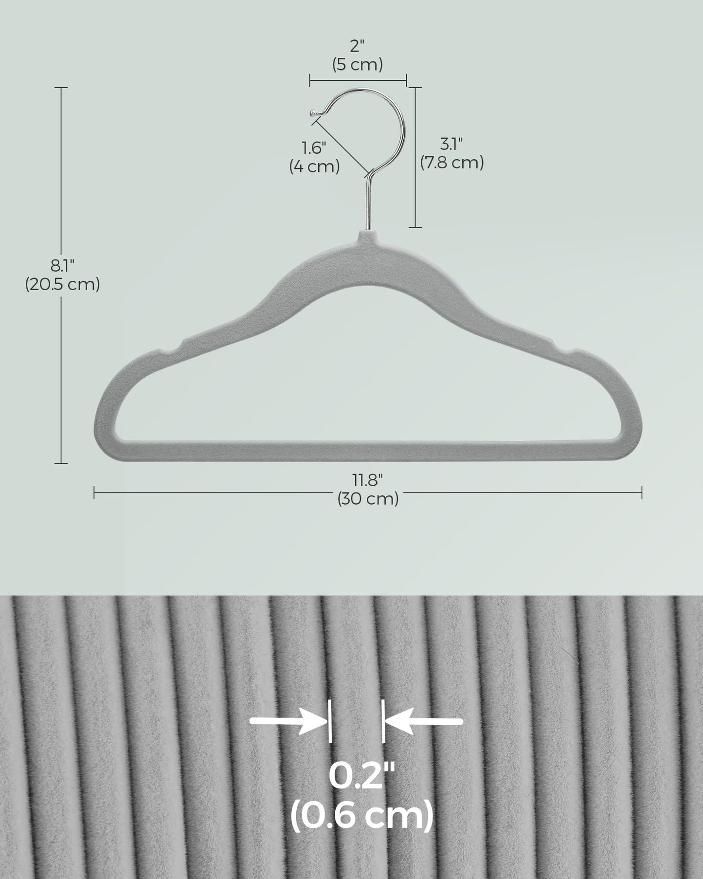 SONGMICS Baby Kids Hangers 50 Pack for Closet, 11.8 x 8.1 Inches, Silver 360° Swivel Hooks, Space-Saving Clothes Velvet Hangers for Nursery, Non-Slip, Dove Gray UCRF027G05