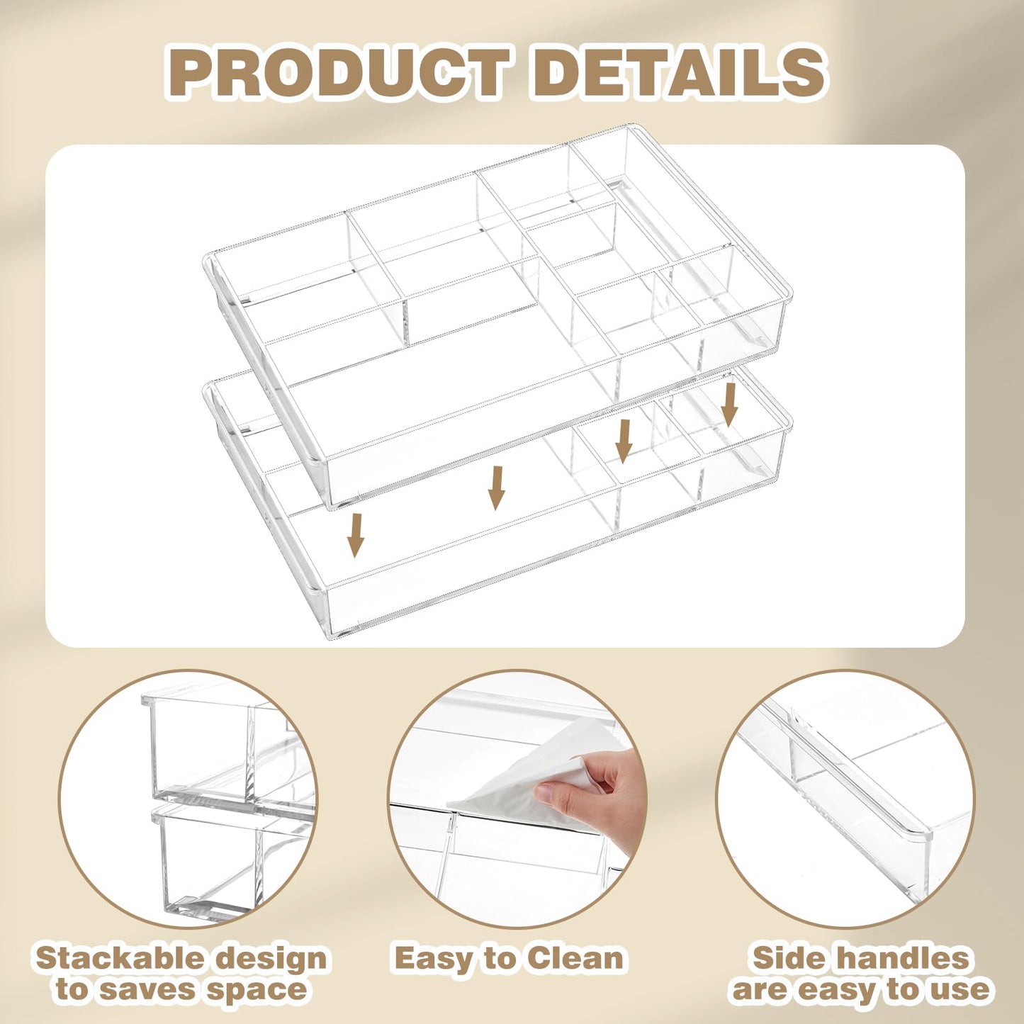Briwooody 3 Pcs Clear Acrylic Desk Drawer Organizer 13.7 x 8.7 x 2 Inch Drawer Organizer Trays with 8 Compartments Desk Accessories for Office Makeup Silverware Bathroom